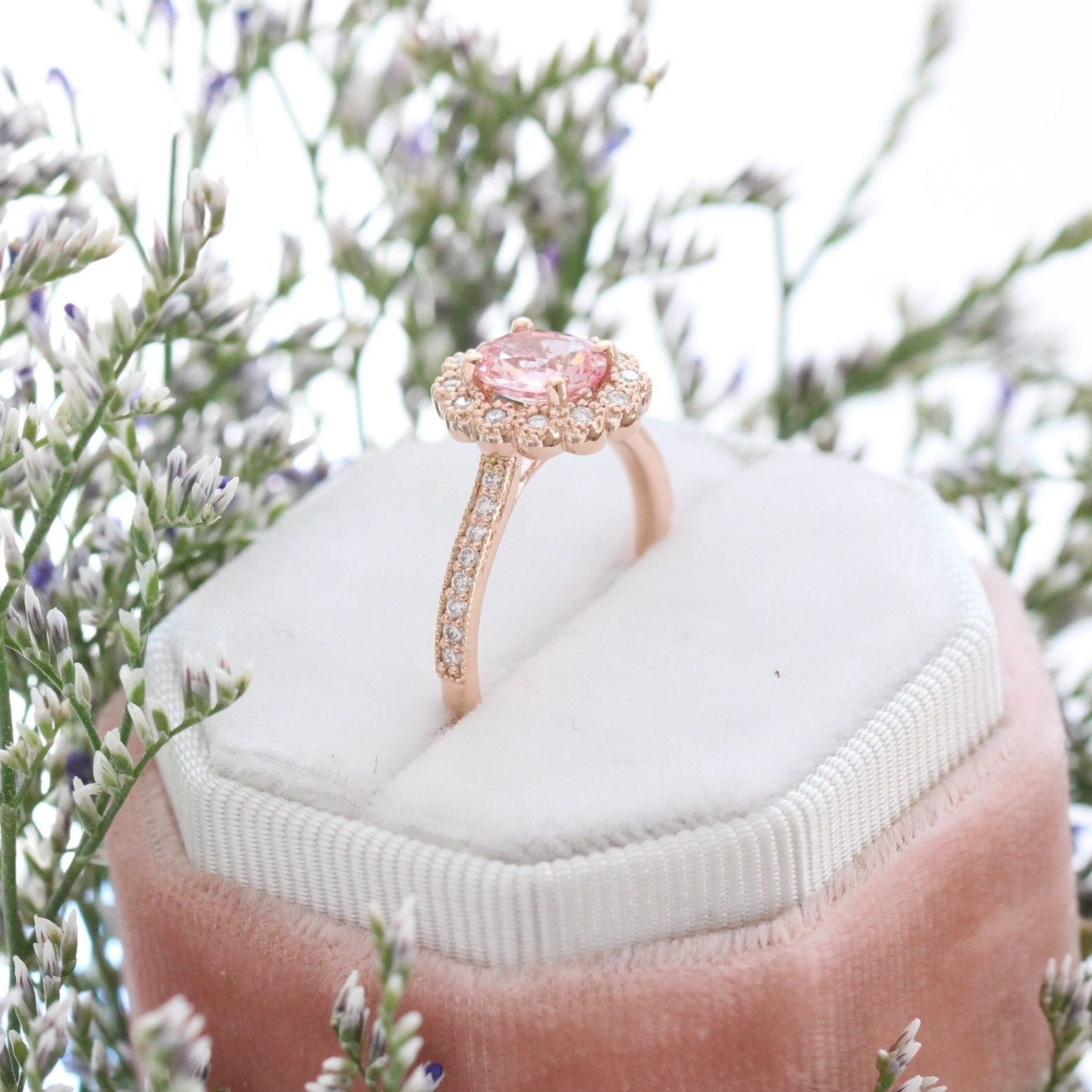 Oval Peach Sapphire Engagement Ring in Rose Gold Halo Diamond Band by La More Design Jewelry