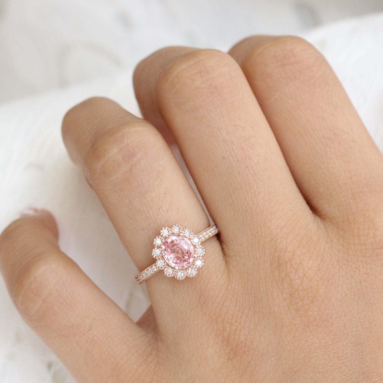 Oval Peach Sapphire Engagement Ring in Rose Gold Halo Diamond Band by La More Design Jewelry