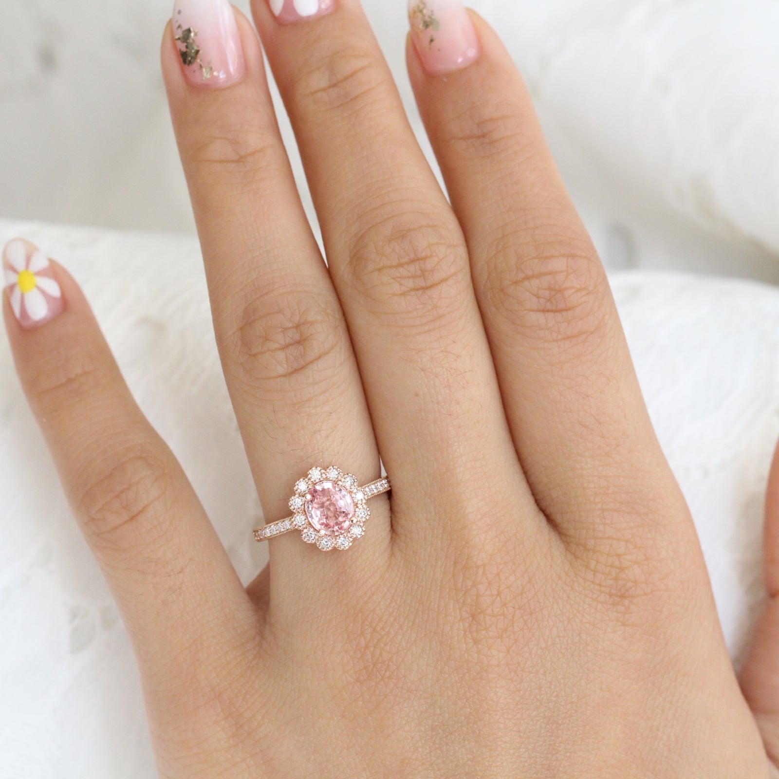 Oval Peach Sapphire Engagement Ring in Rose Gold Halo Diamond Band by La More Design Jewelry