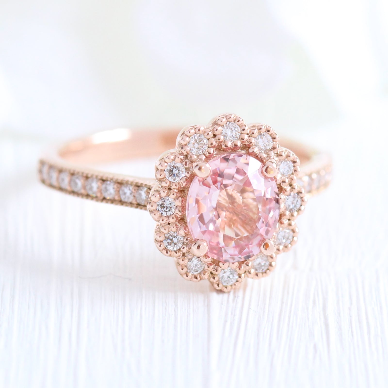 Oval Peach Sapphire Engagement Ring in Rose Gold Halo Diamond Band by La More Design Jewelry