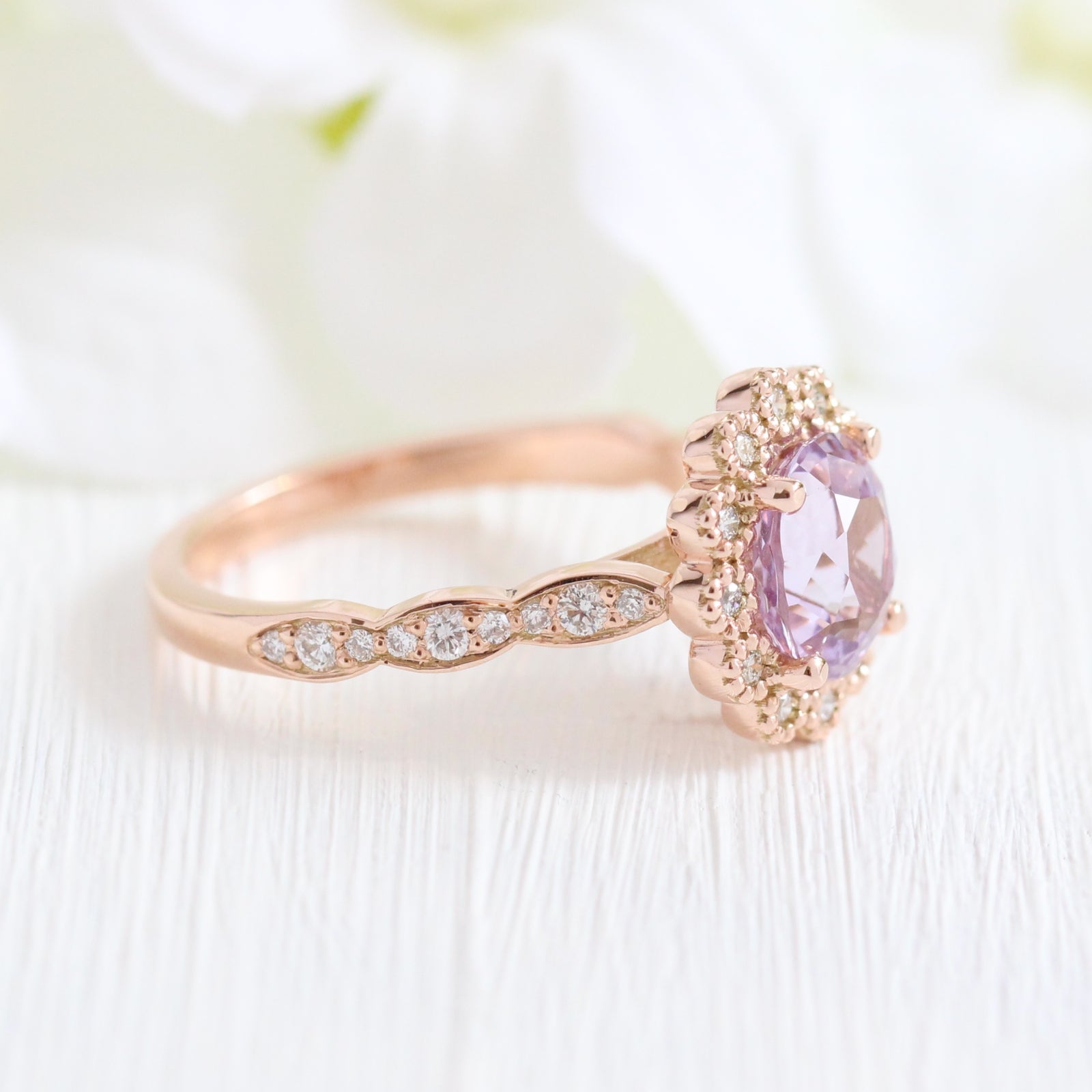Oval Purple Sapphire Engagement Ring Rose Gold Vintage Style Diamond Ring by La More Design Jewelry