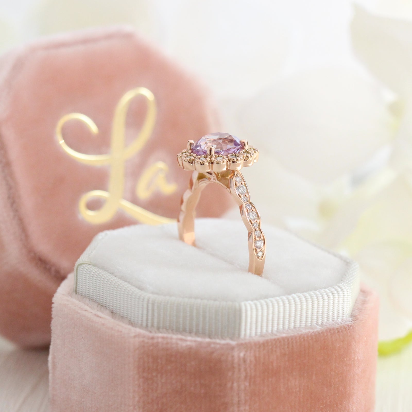 Oval Purple Sapphire Engagement Ring Rose Gold Vintage Style Diamond Ring by La More Design Jewelry