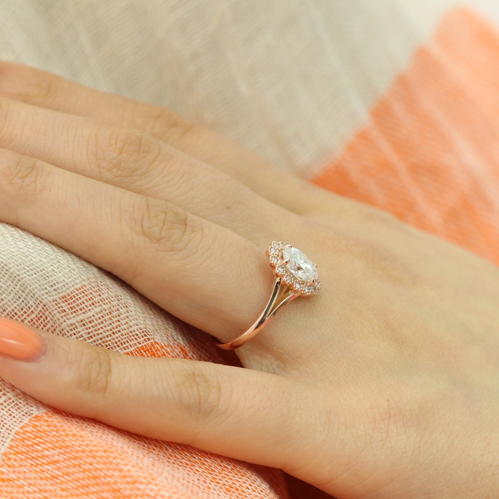 Oval forever one moissanite ring in rose gold vintage halo diamond band by la more design
