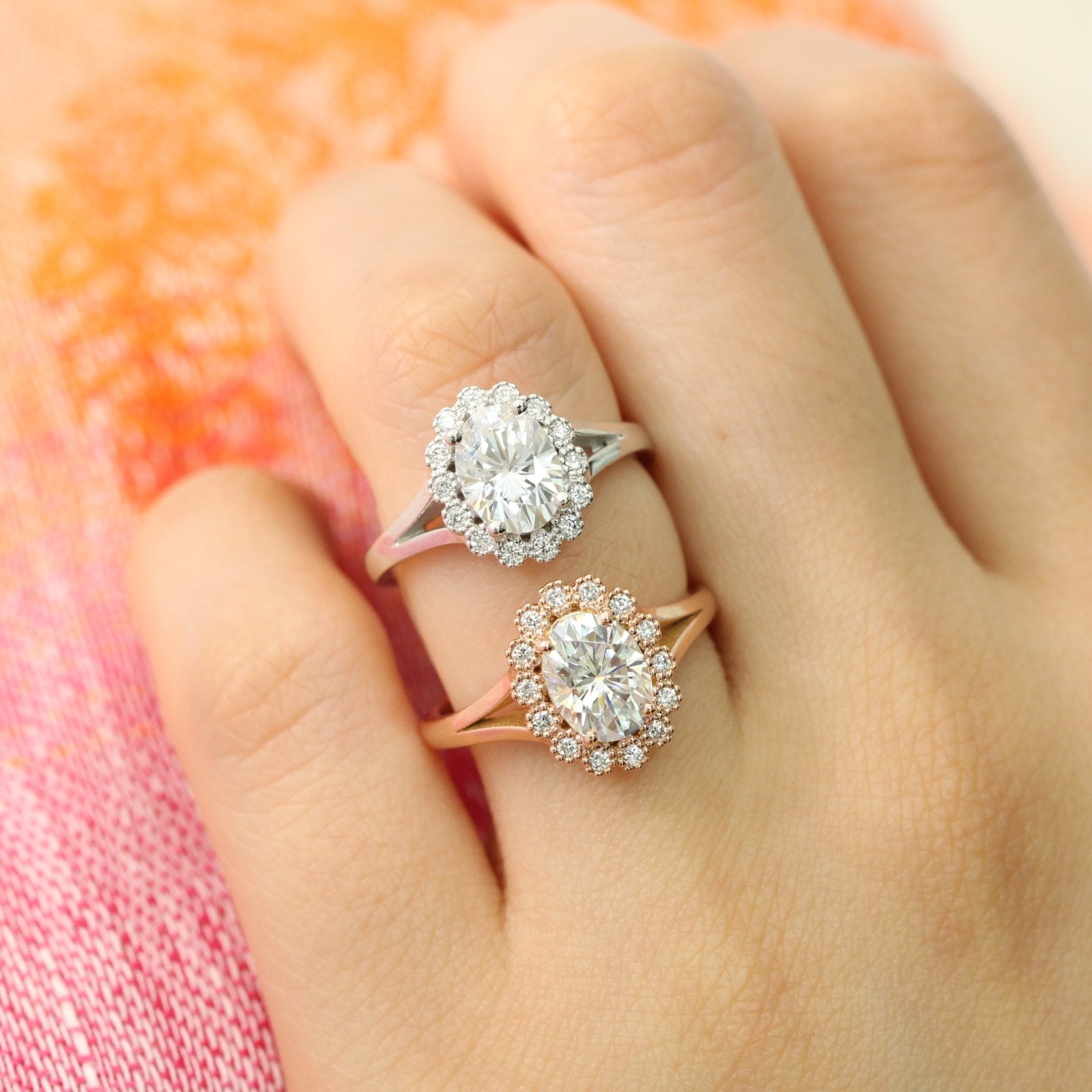 Oval forever one moissanite ring in rose gold vintage halo diamond band by la more design