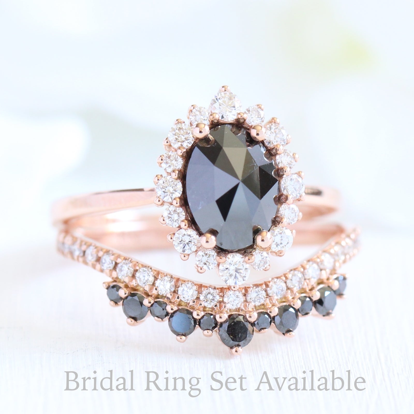 Oval rose cut black diamond ring rose gold and crown diamond wedding set by la more design