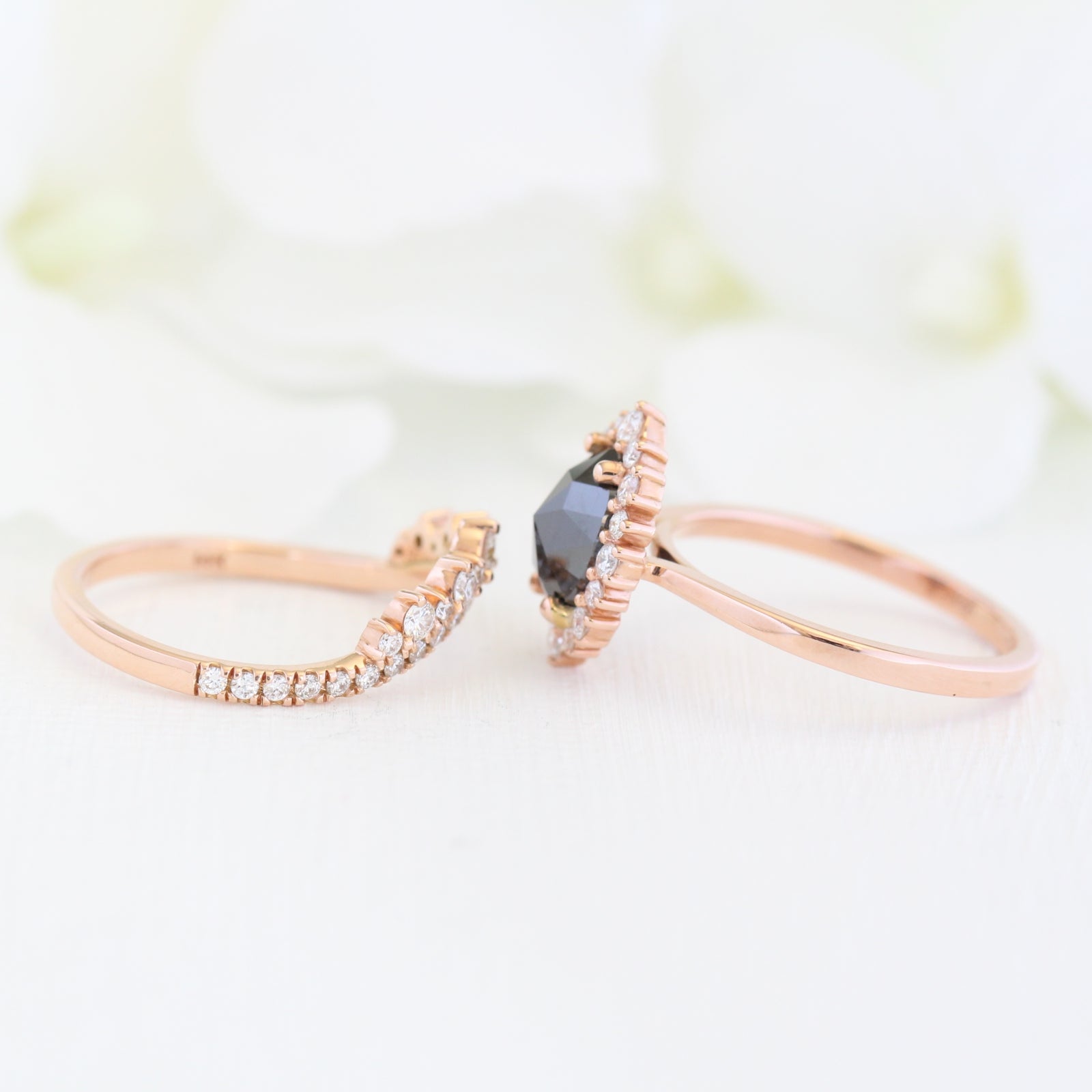 Oval rose cut black diamond ring rose gold and crown diamond wedding set by la more design