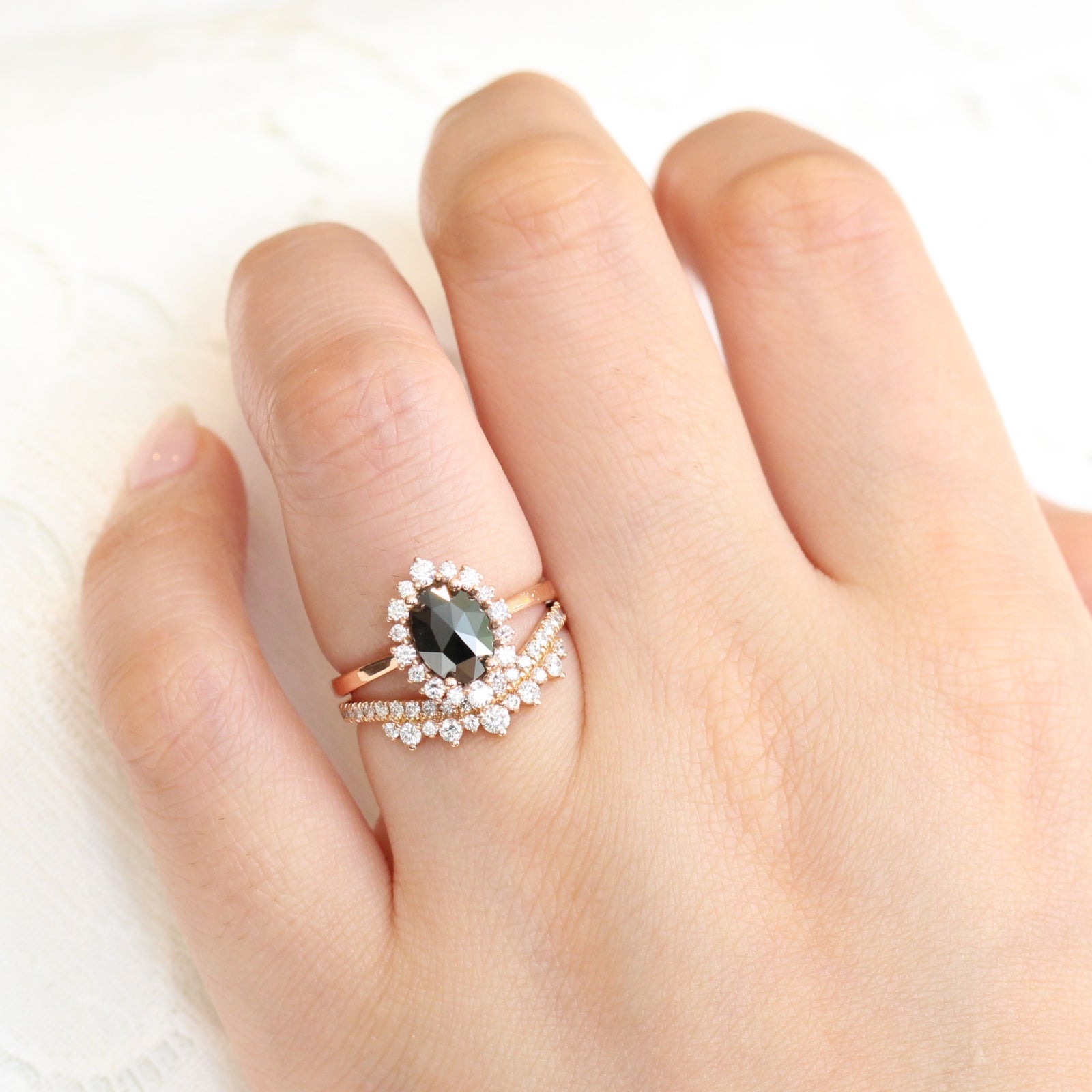 Oval rose cut black diamond ring rose gold and crown diamond wedding set by la more design