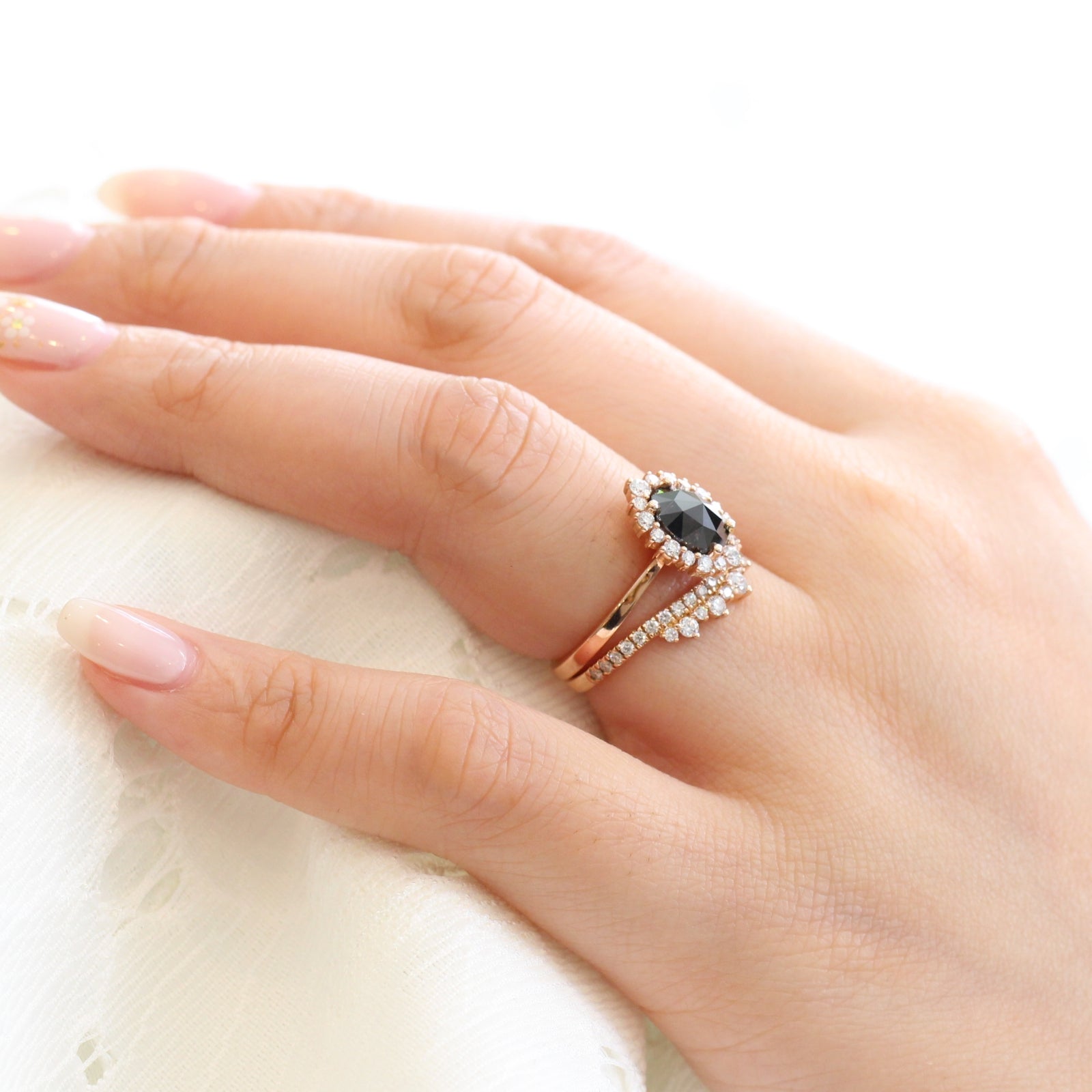 Oval rose cut black diamond ring rose gold and crown diamond wedding set by la more design