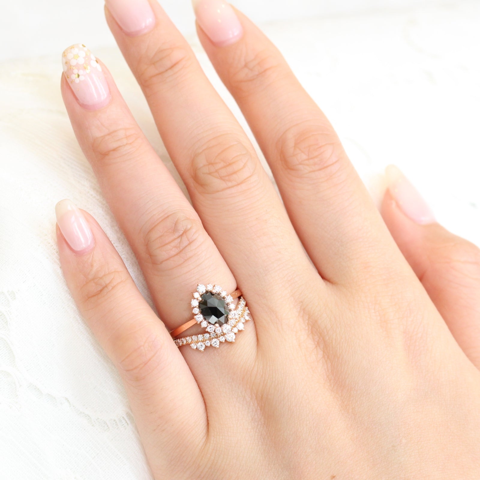 Oval rose cut black diamond ring rose gold and crown diamond wedding set by la more design