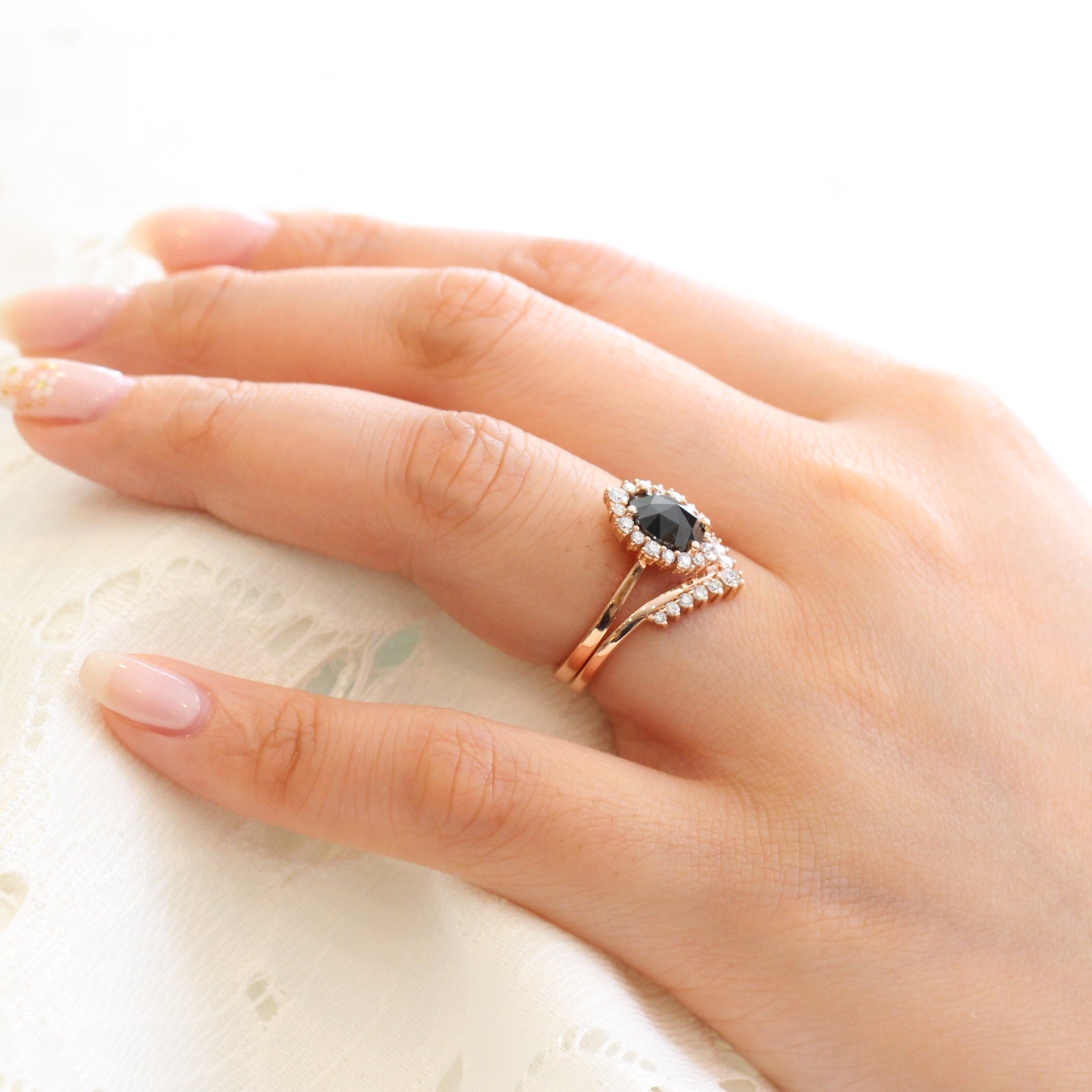 Oval rose cut black diamond ring rose gold and v shaped diamond wedding set by la more design