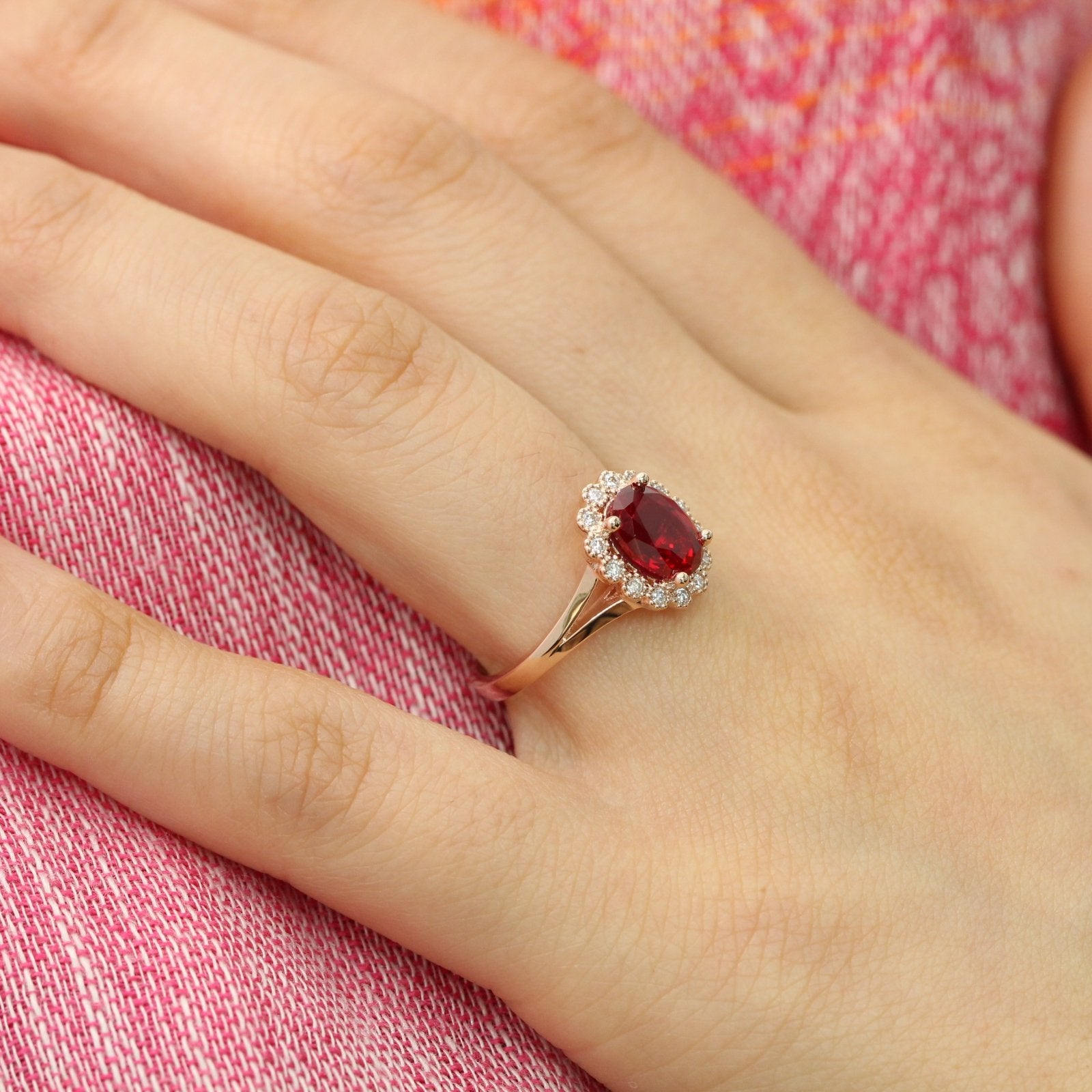oval ruby ring in rose gold vintage halo diamond band by la more design