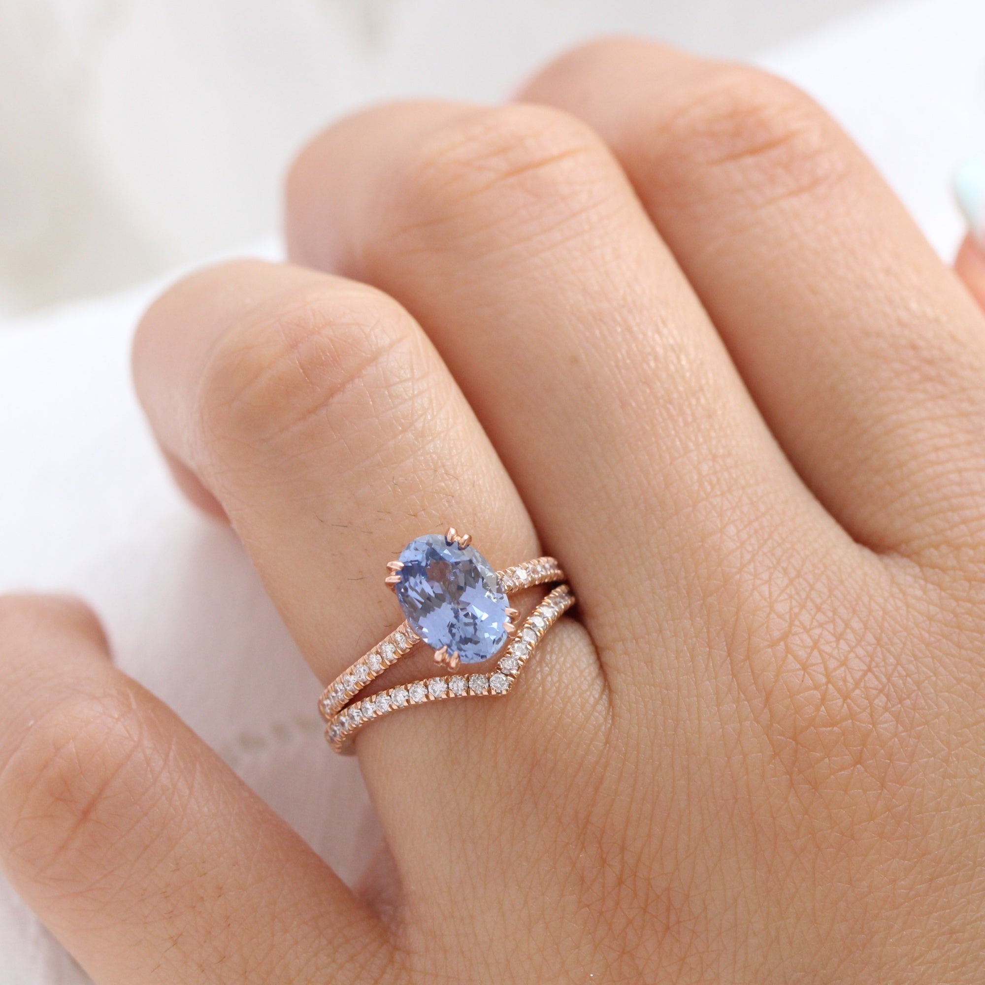Oval aqua blue sapphire ring rose gold pave diamond band la more design jewelry