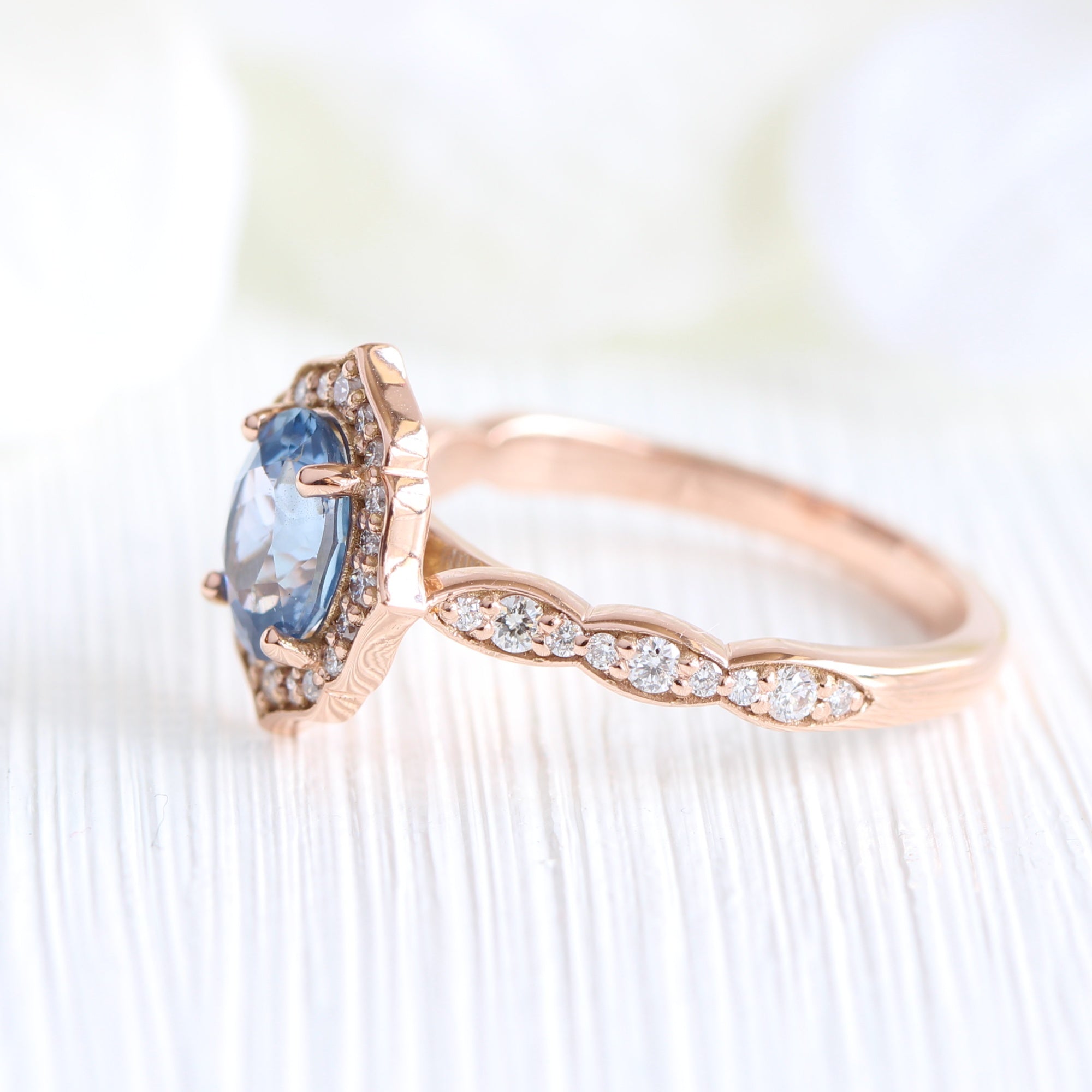 Oval aqua blue sapphire ring rose gold vintage halo diamond ring la more design jewelry