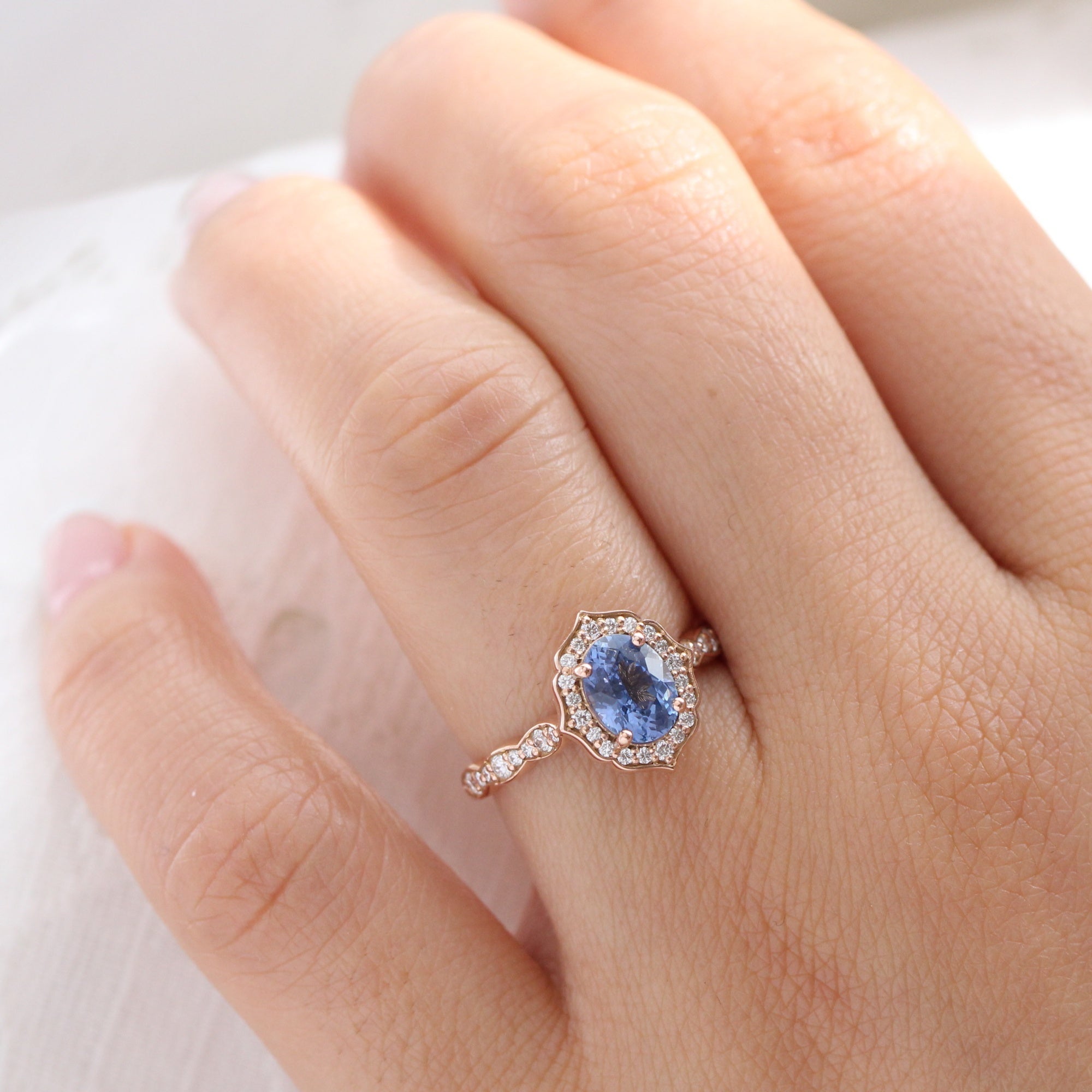 Oval aqua blue sapphire ring rose gold vintage halo diamond ring la more design jewelry