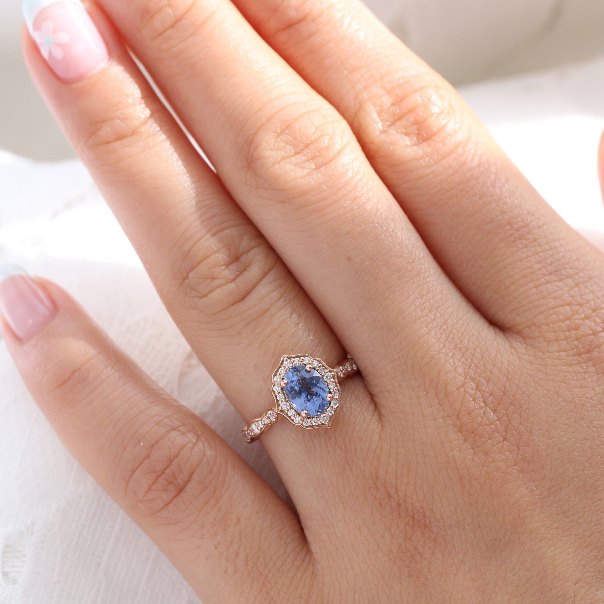 Oval aqua blue sapphire ring rose gold vintage halo diamond ring la more design jewelry