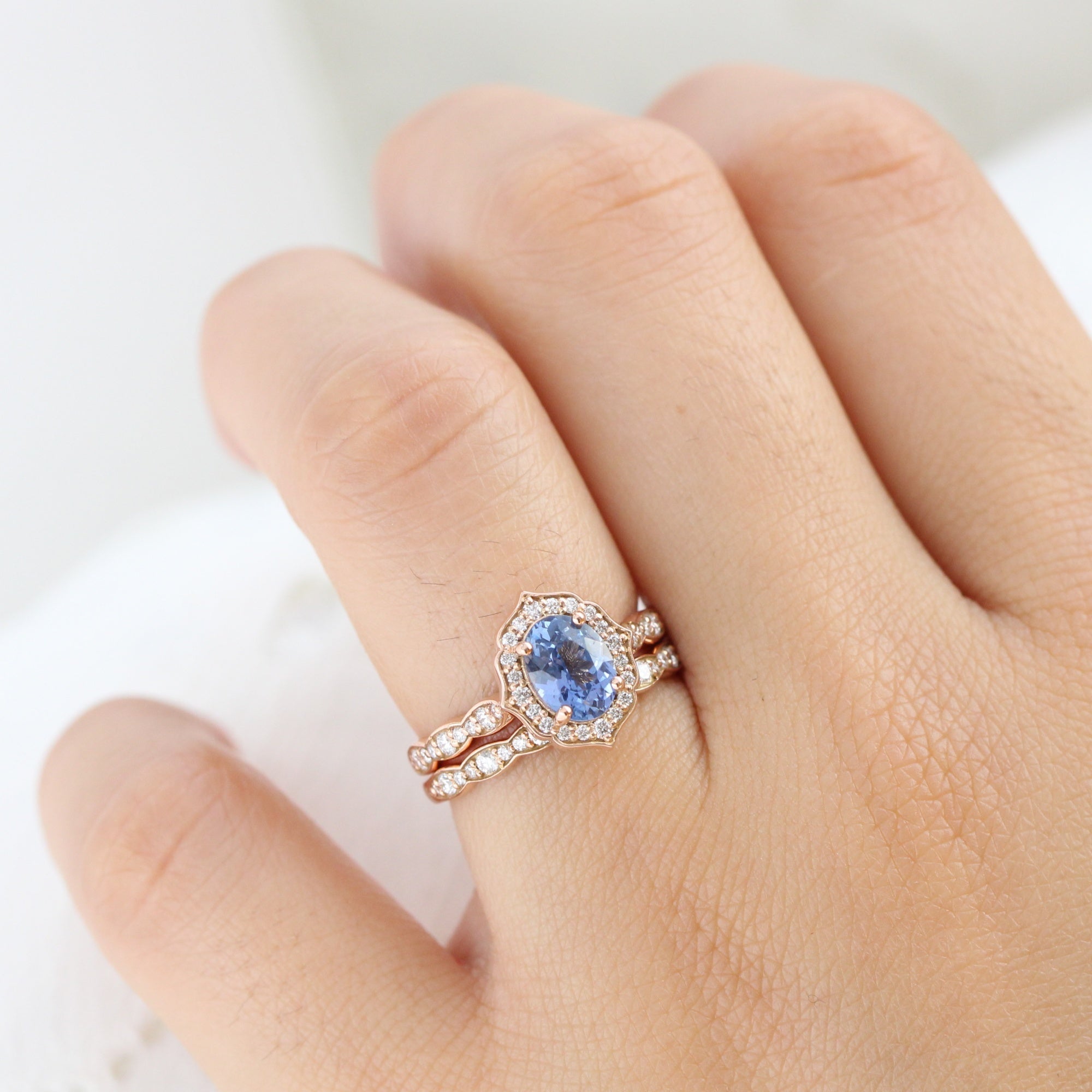 Oval aqua blue sapphire ring rose gold vintage halo diamond ring la more design jewelry