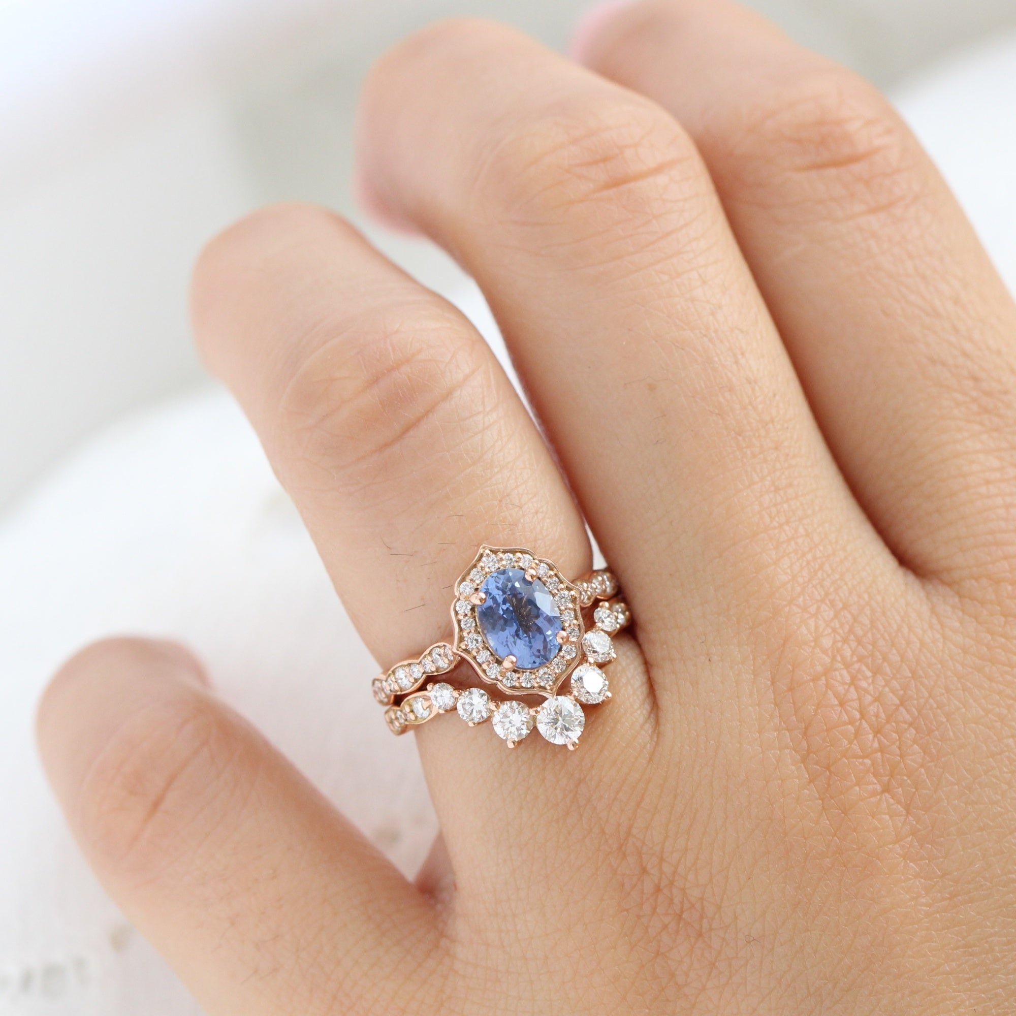 Oval aqua blue sapphire ring rose gold vintage halo diamond ring la more design jewelry