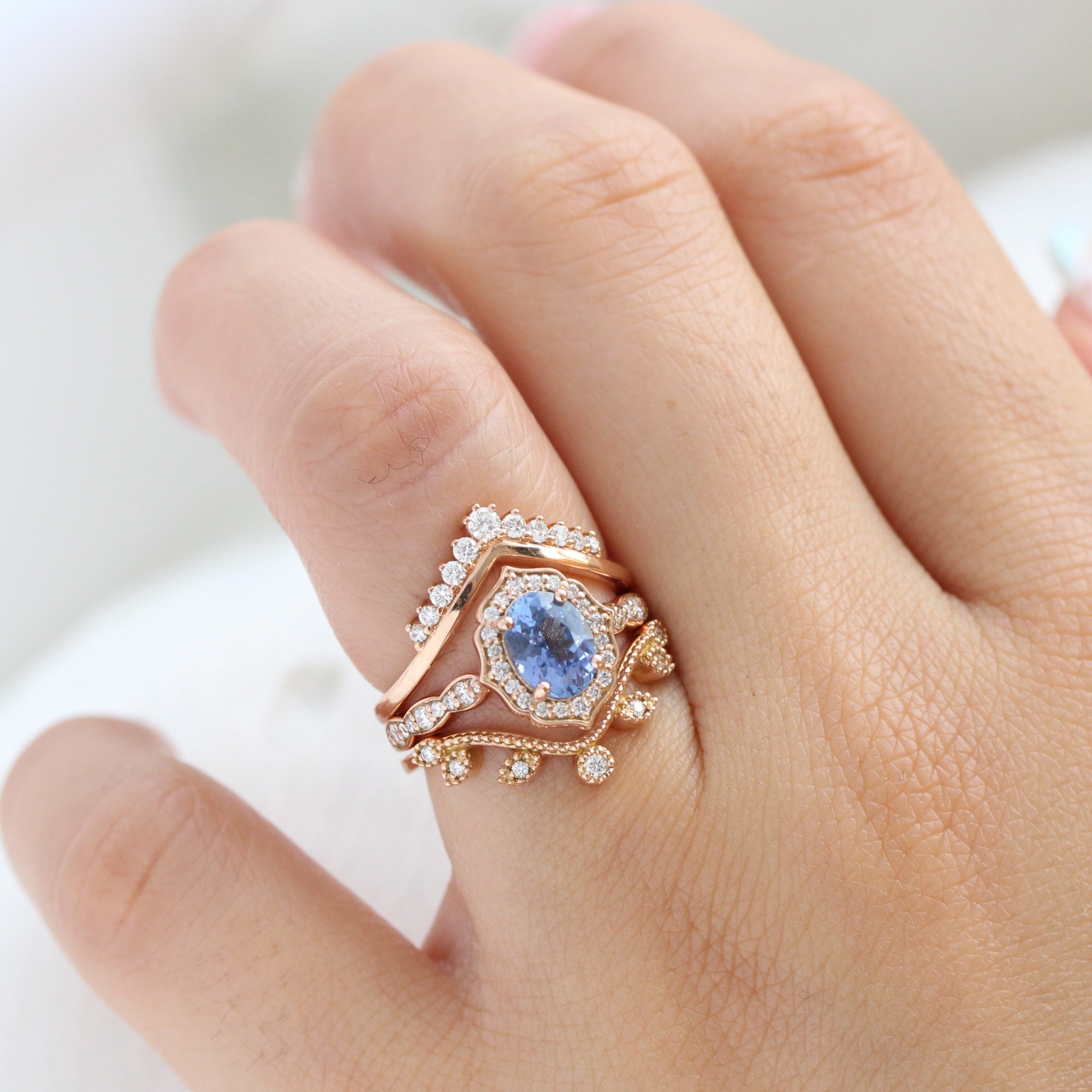 Oval aqua blue sapphire ring rose gold vintage halo diamond ring la more design jewelry