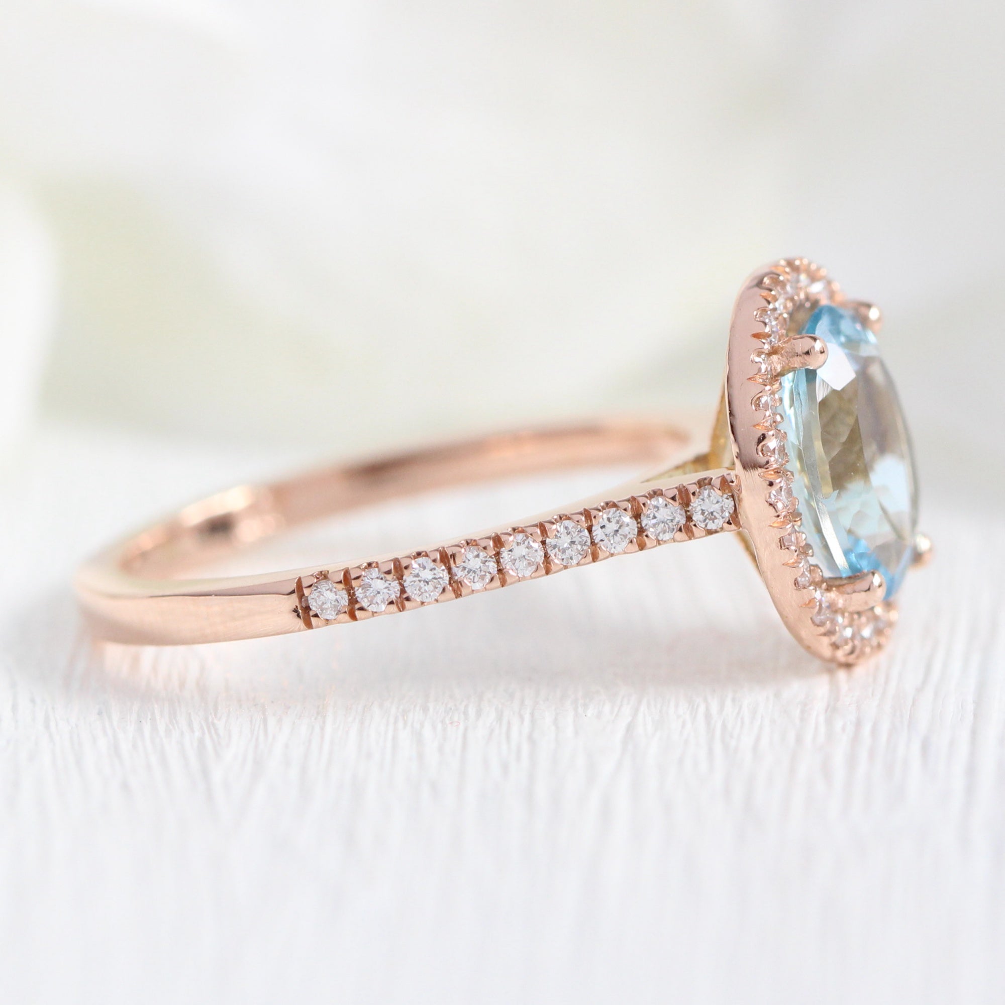 Oval aquamarine ring rose gold halo diamond ring la more design jewelry