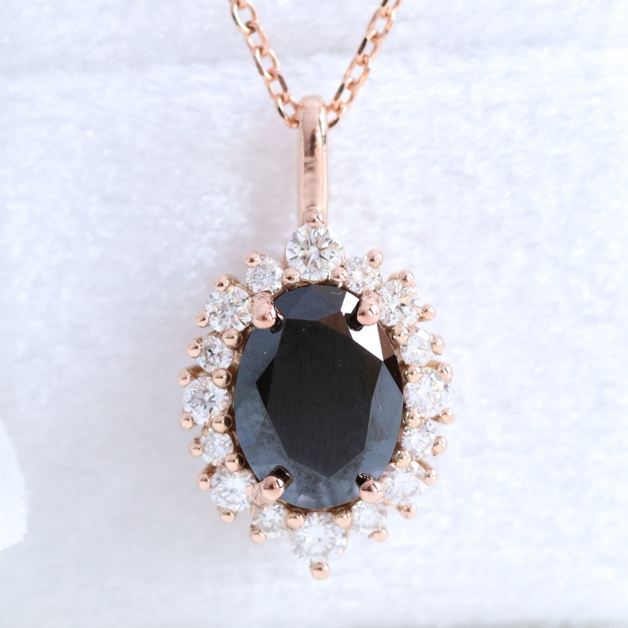 Oval black diamond necklace rose gold halo style black diamond drop pendant necklace la more design jewelry