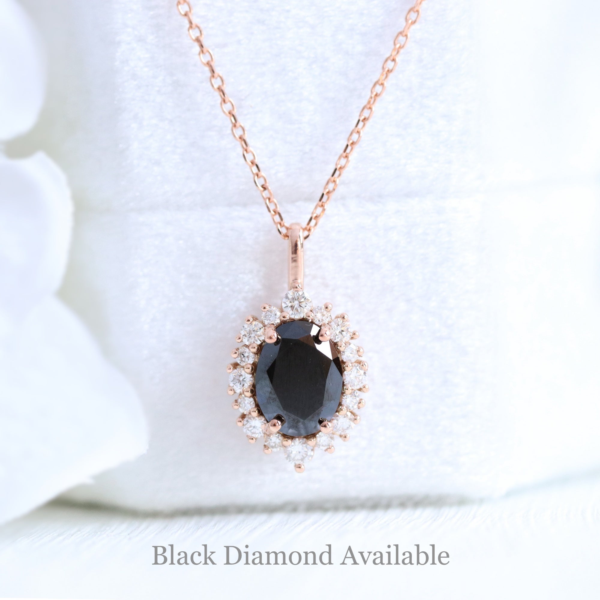 Oval black diamond necklace rose gold halo style black diamond drop pendant necklace la more design jewelry