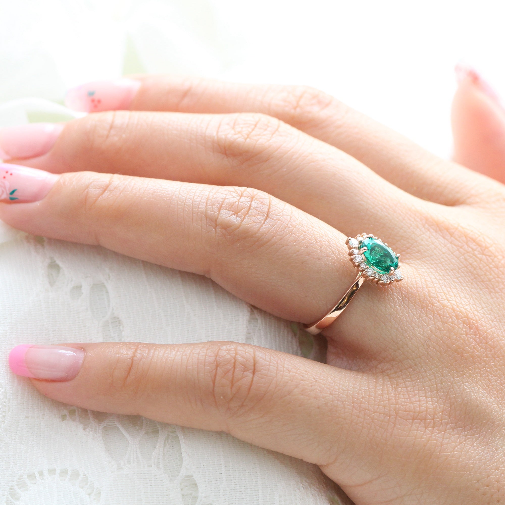 Oval emerald ring rose gold halo diamond ring la more design jewelry