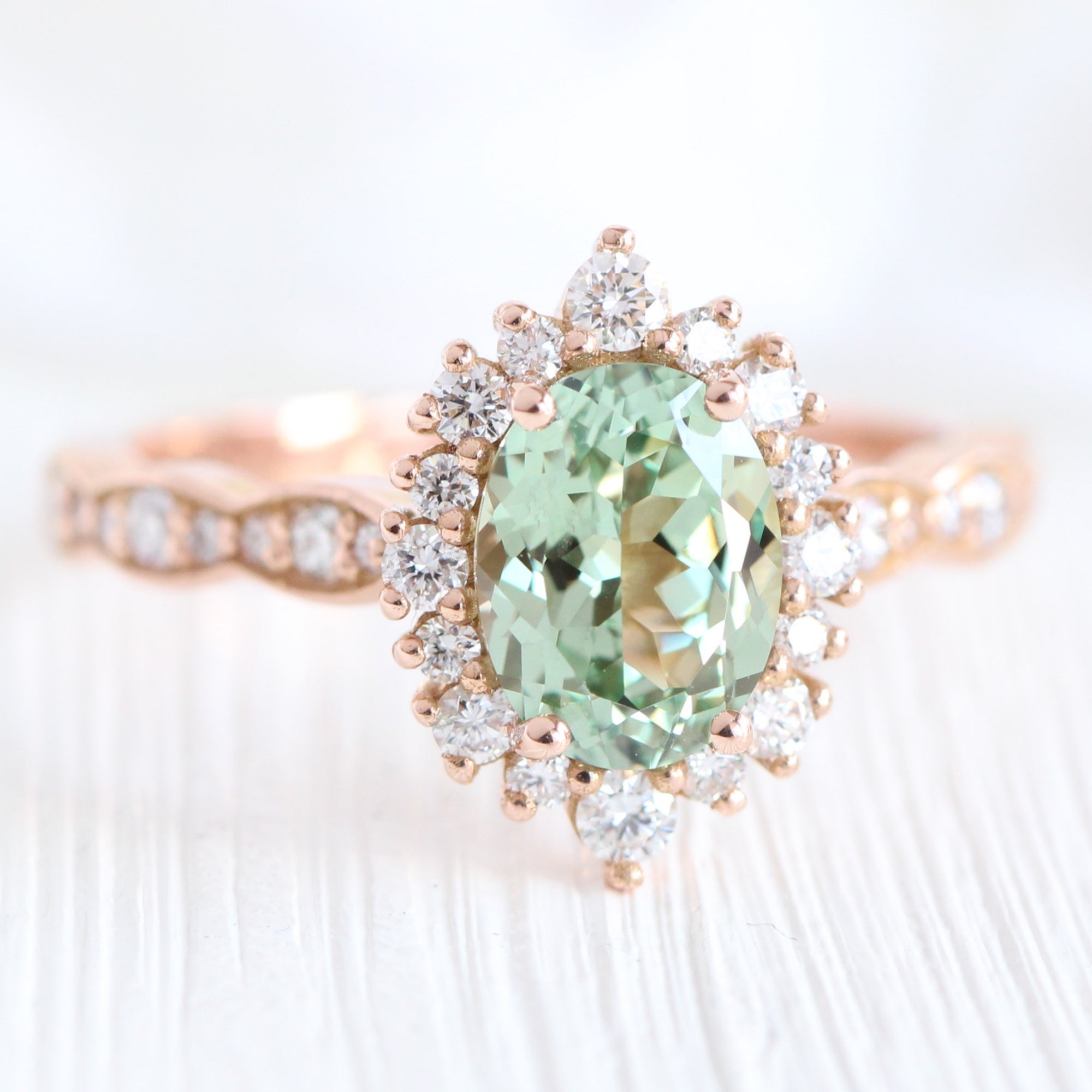 Oval green sapphire engagement ring rose gold halo diamond ring la more design jewelry