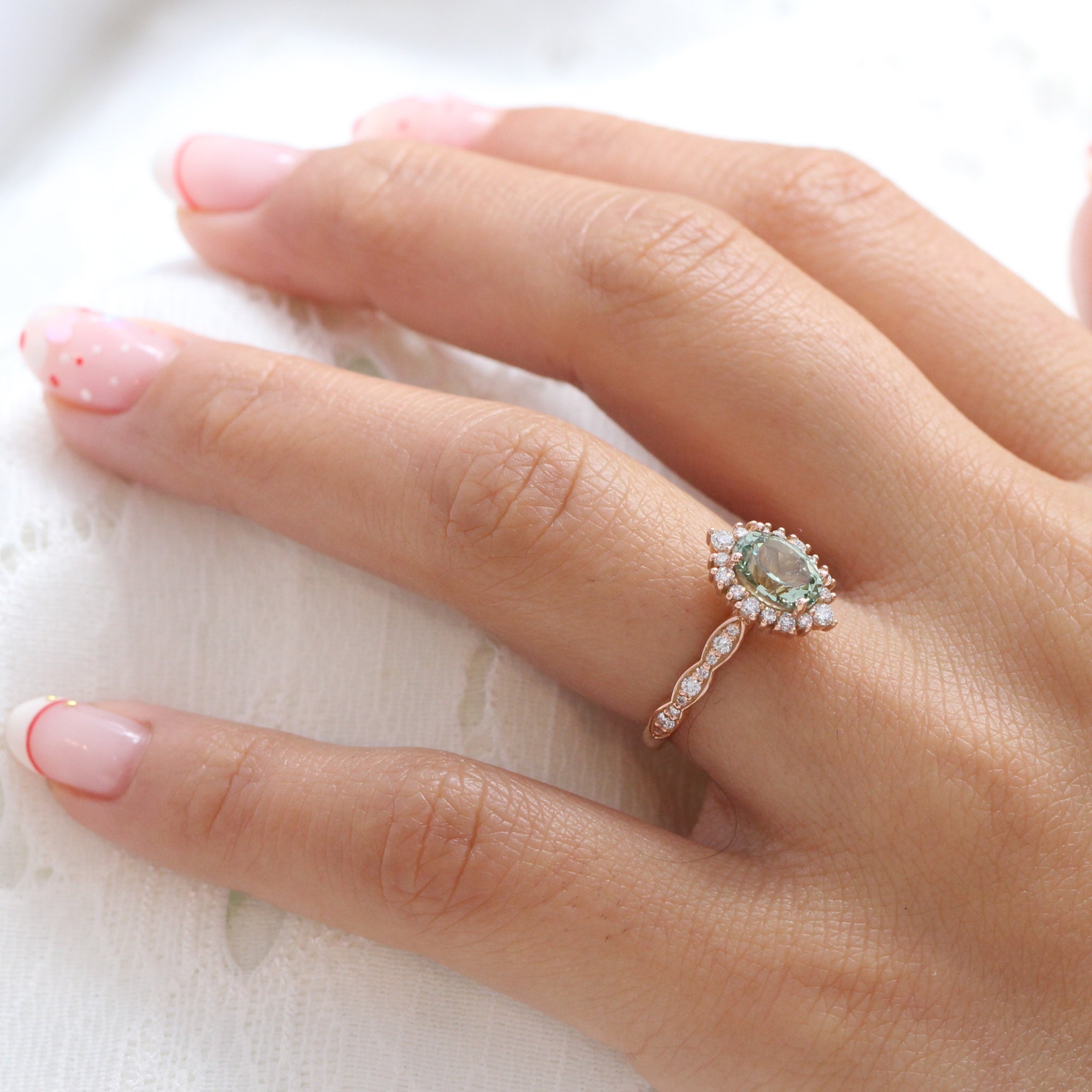 Tiara Halo Oval Ring in Scalloped Band w/ Sea Foam Green Sapphire and Diamond