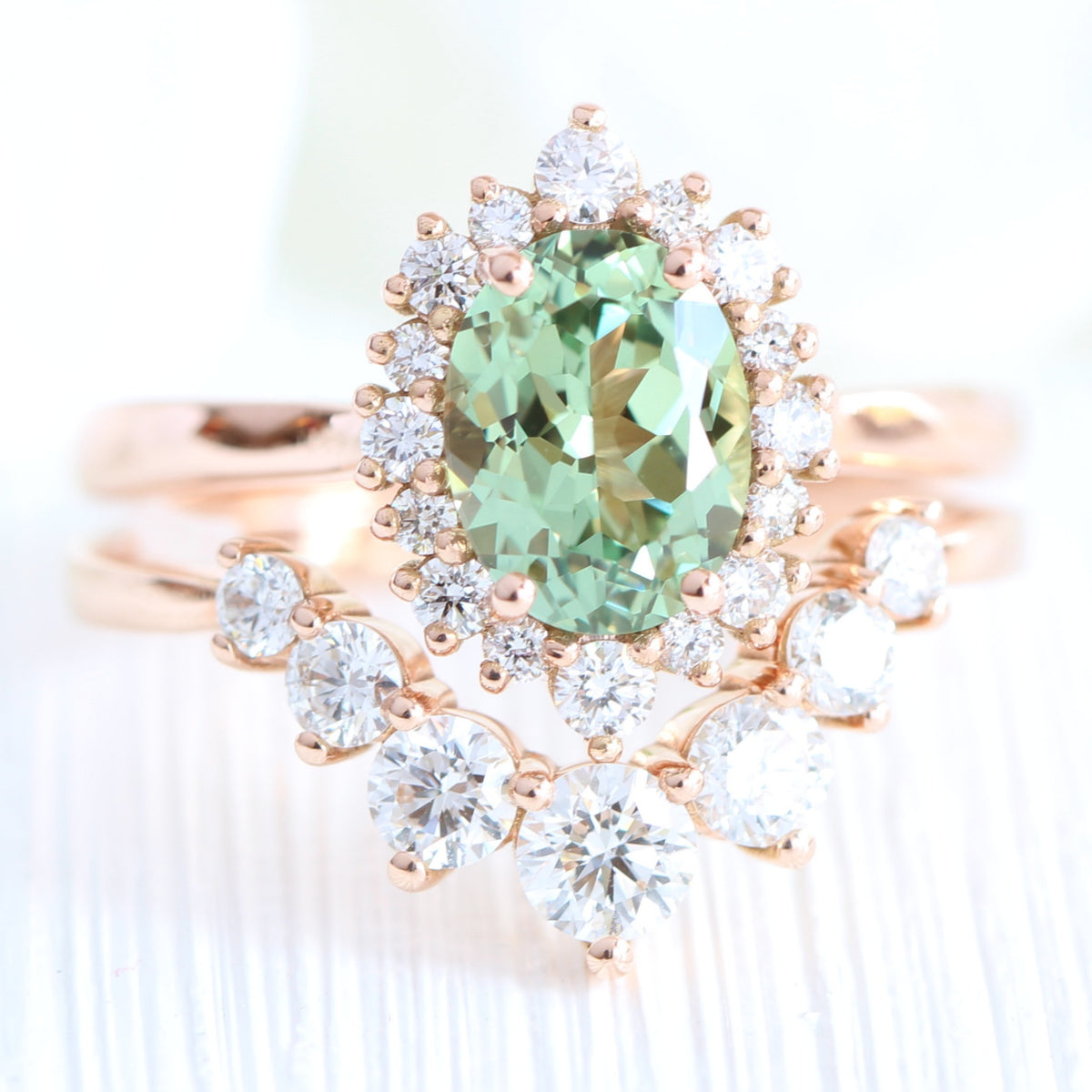 Oval green sapphire ring rose gold deep curved diamond wedding band la more design jewelry