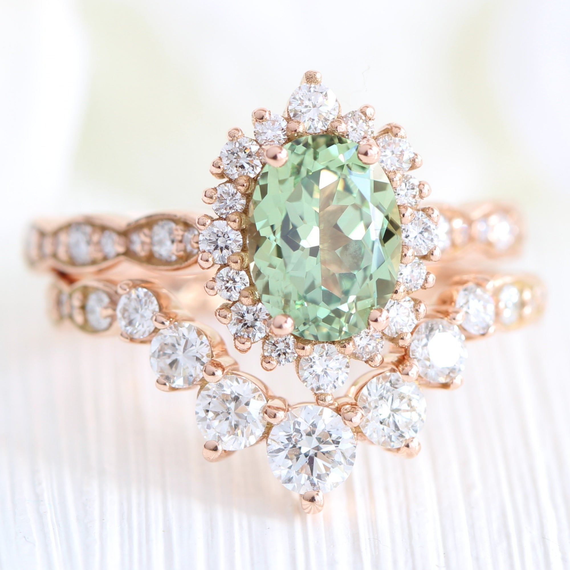 Oval green sapphire ring rose gold deep curved diamond wedding band la more design jewelry