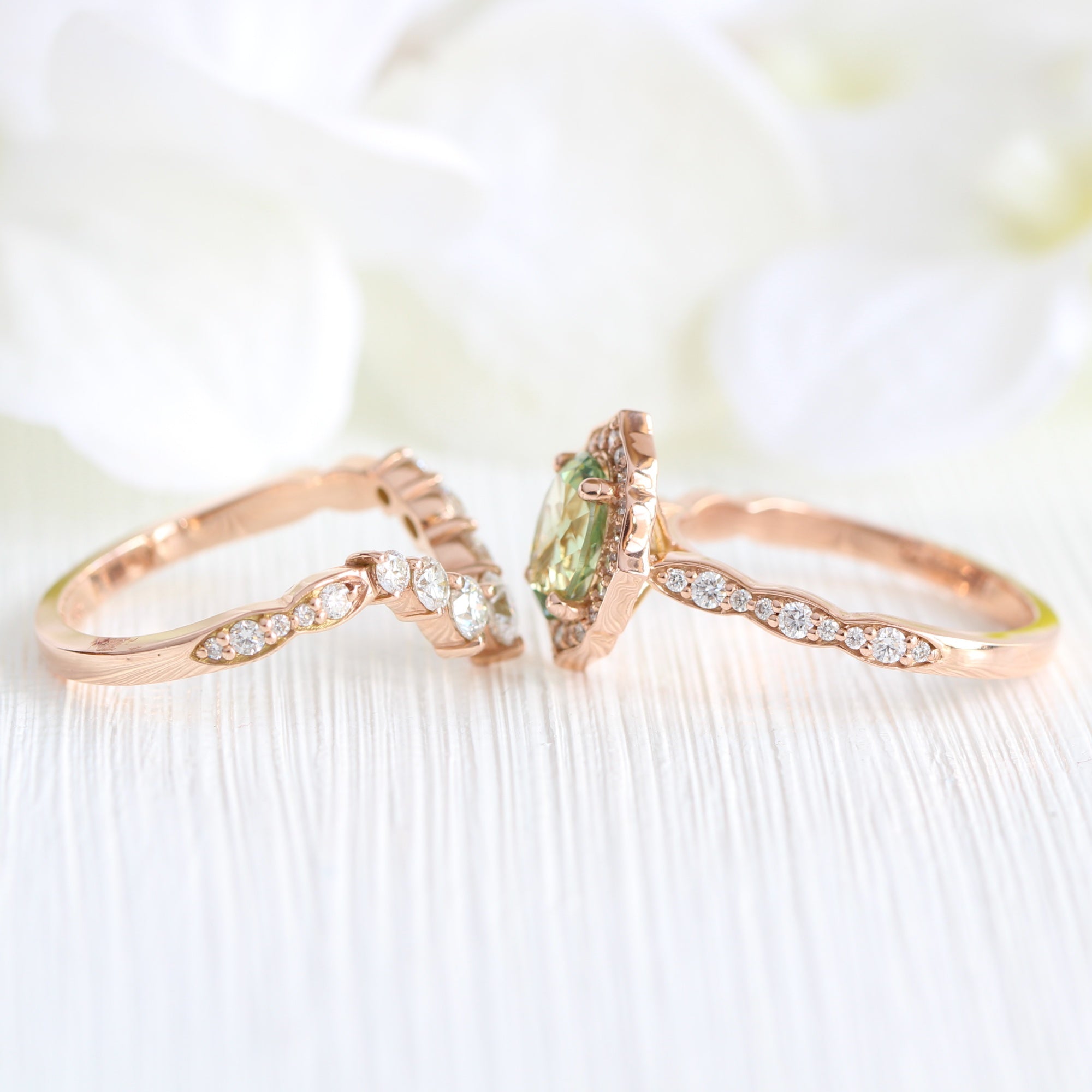 Oval green sapphire ring rose gold deep curved diamond wedding band la more design jewelry