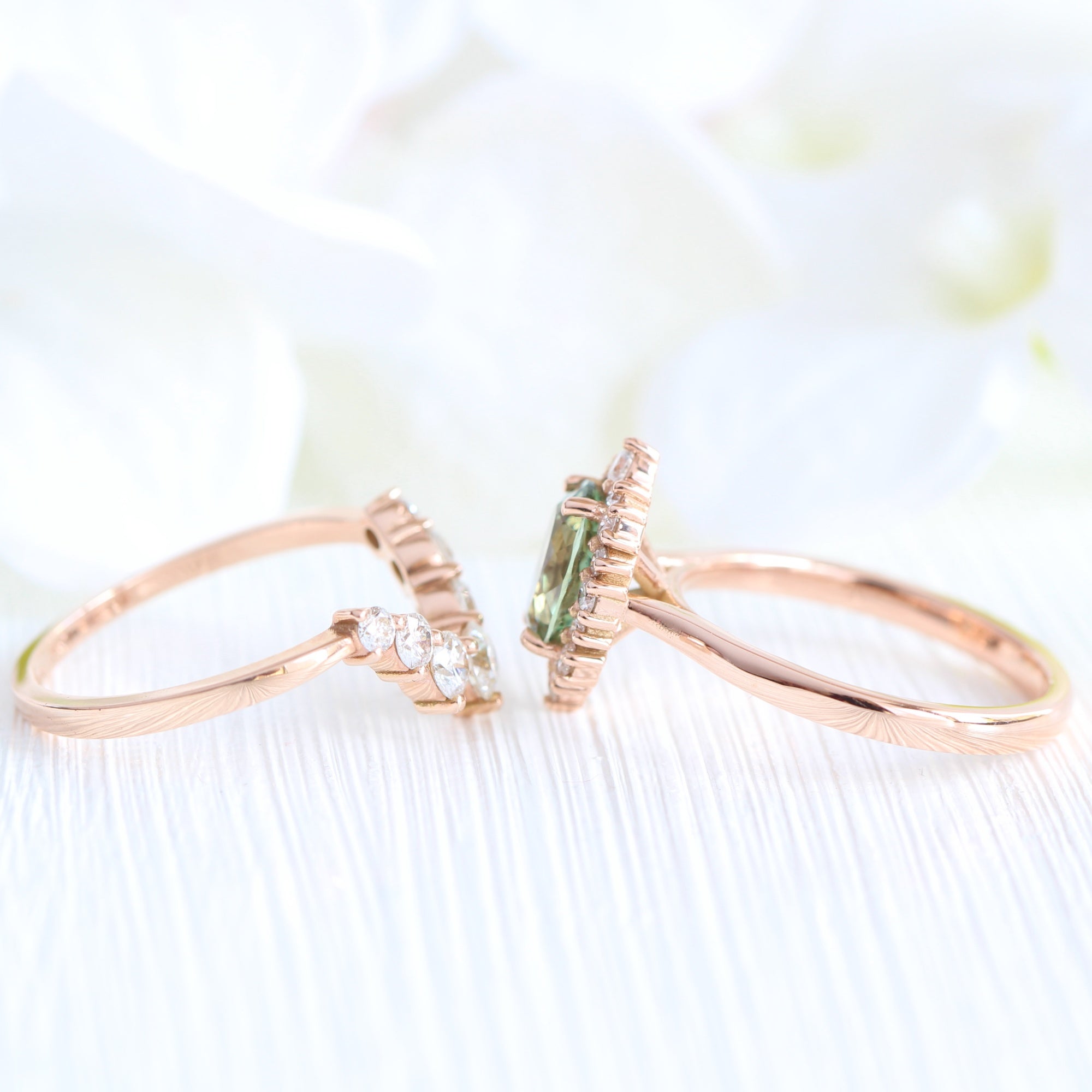 Oval green sapphire ring rose gold deep curved diamond wedding band la more design jewelry