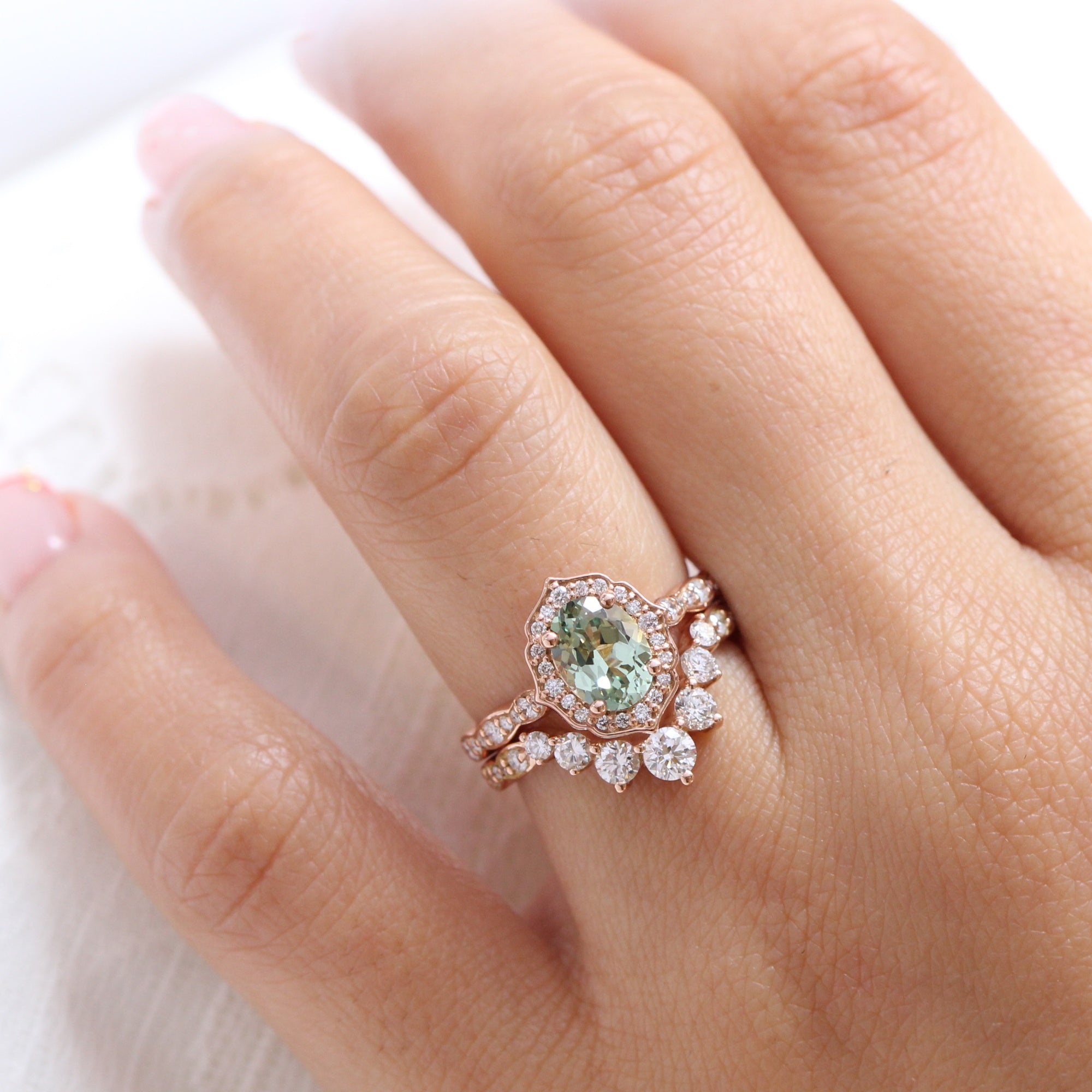 Oval green sapphire ring rose gold deep curved diamond wedding band la more design jewelry