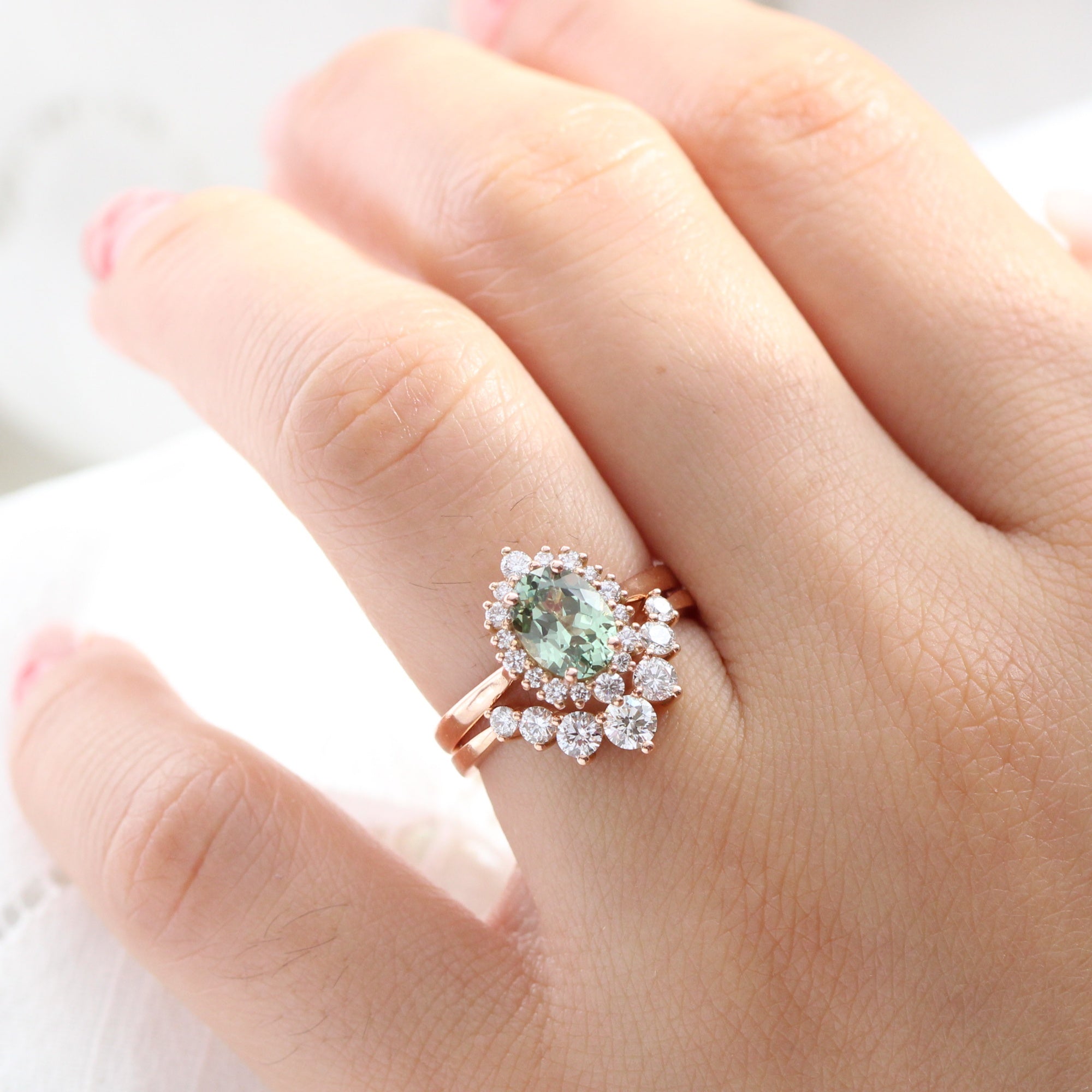 Oval green sapphire ring rose gold deep curved diamond wedding band la more design jewelry