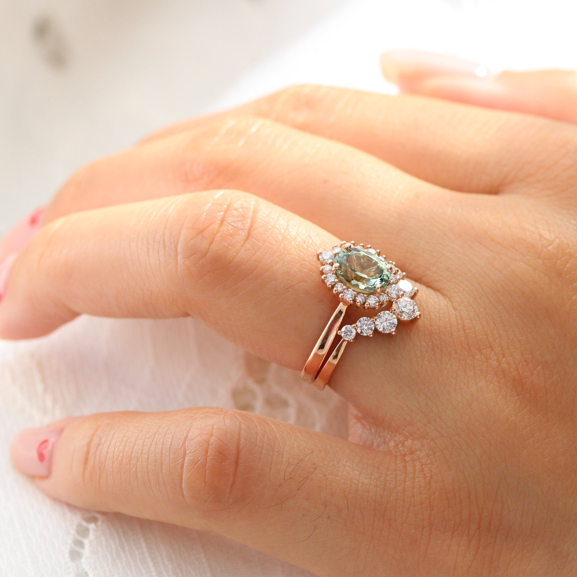 Oval green sapphire ring rose gold deep curved diamond wedding band la more design jewelry