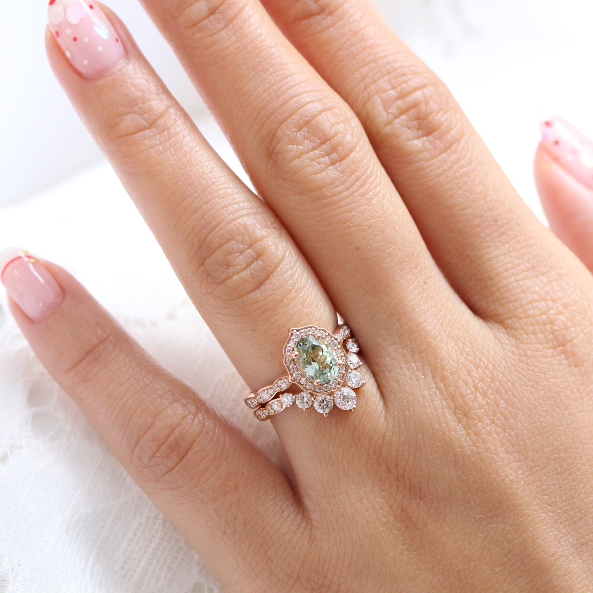 Oval green sapphire ring rose gold deep curved diamond wedding band la more design jewelry