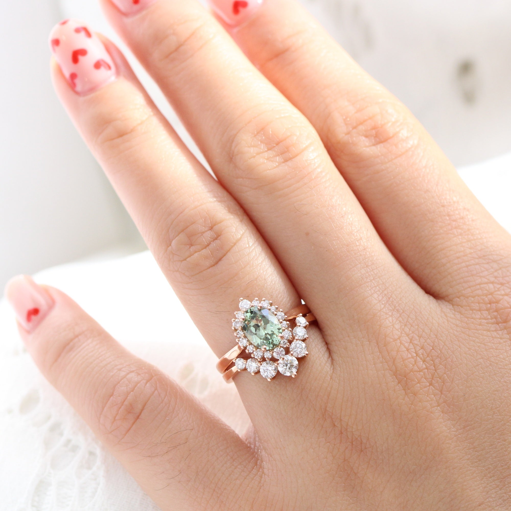 Oval green sapphire ring rose gold deep curved diamond wedding band la more design jewelry