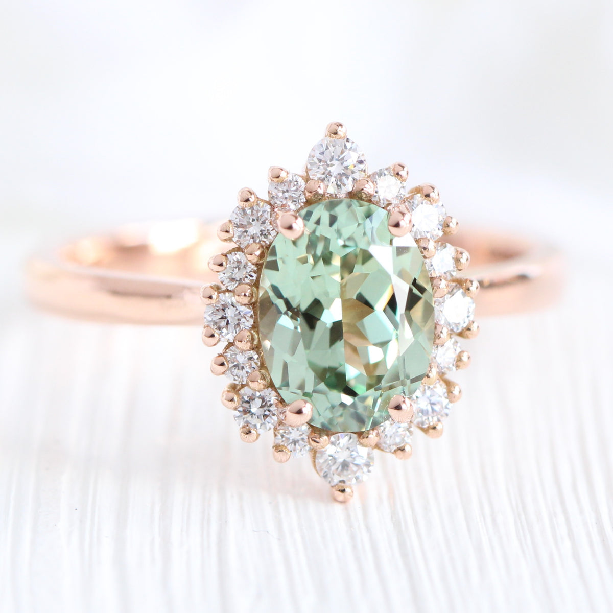 Oval green sapphire ring rose gold halo diamond ring la more design jewelry