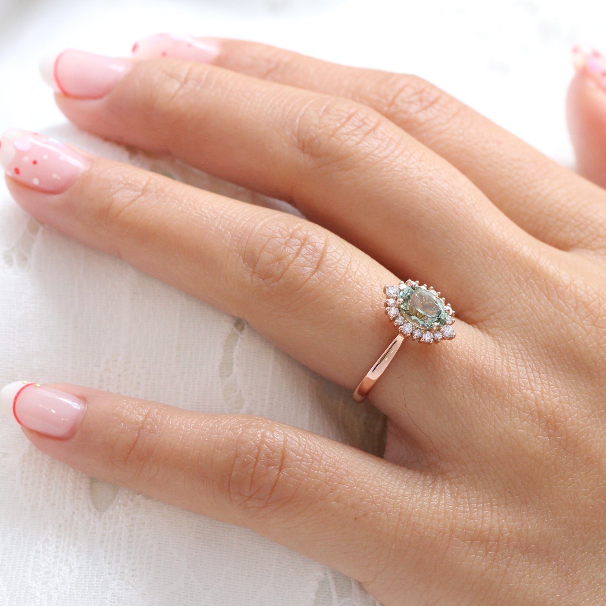 Oval green sapphire ring rose gold halo diamond ring la more design jewelry