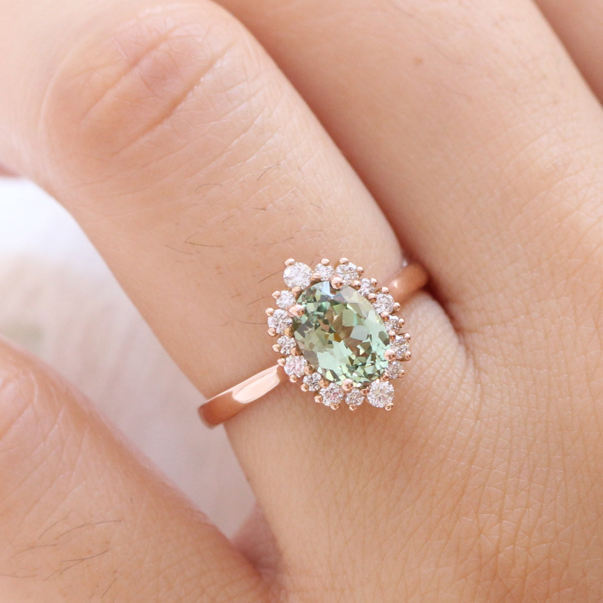 Oval green sapphire ring rose gold halo diamond ring la more design jewelry