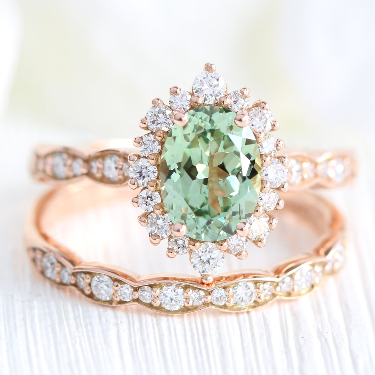 Oval green sapphire ring rose gold matching diamond wedding band la more design jewelry