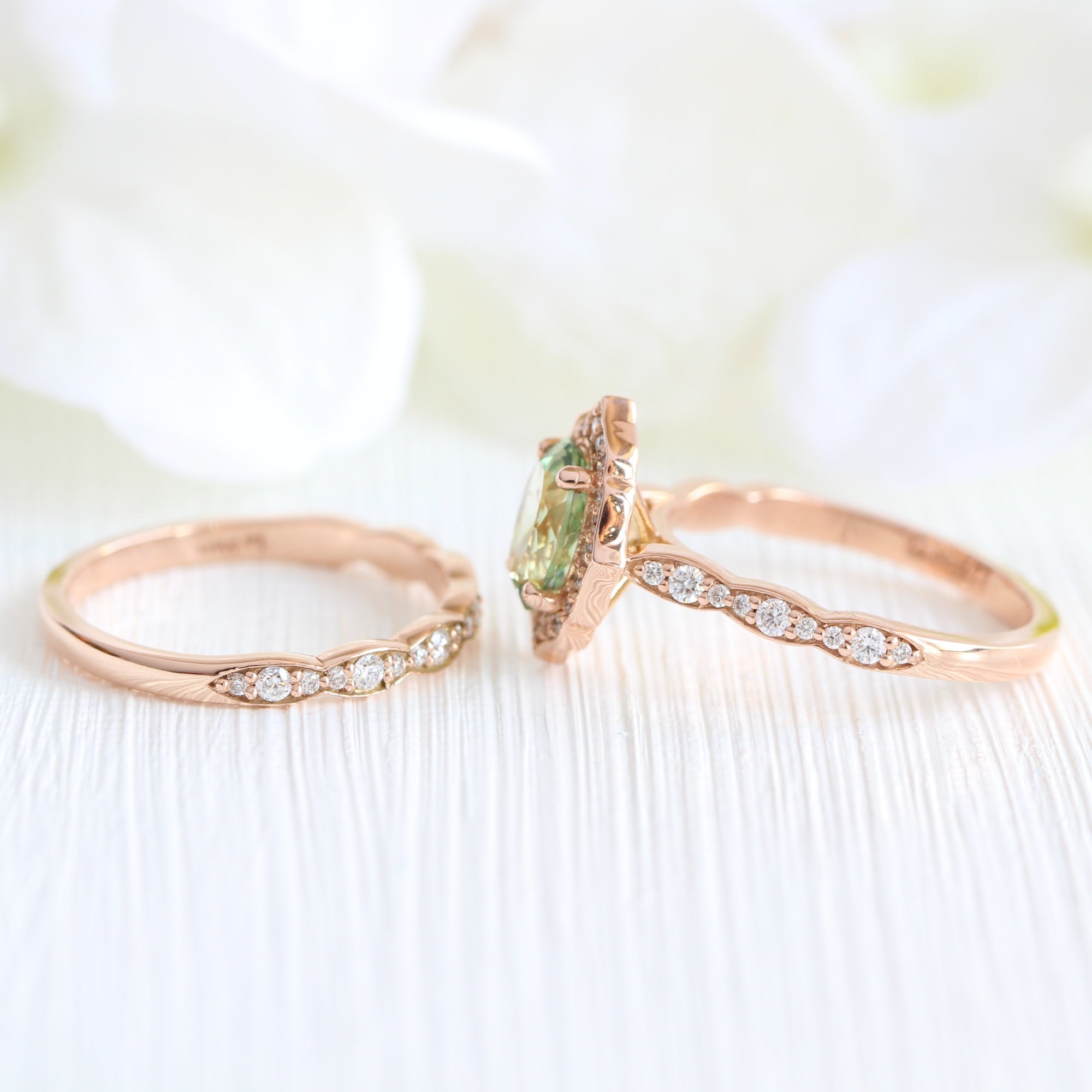 Oval green sapphire ring rose gold matching diamond wedding band la more design jewelry