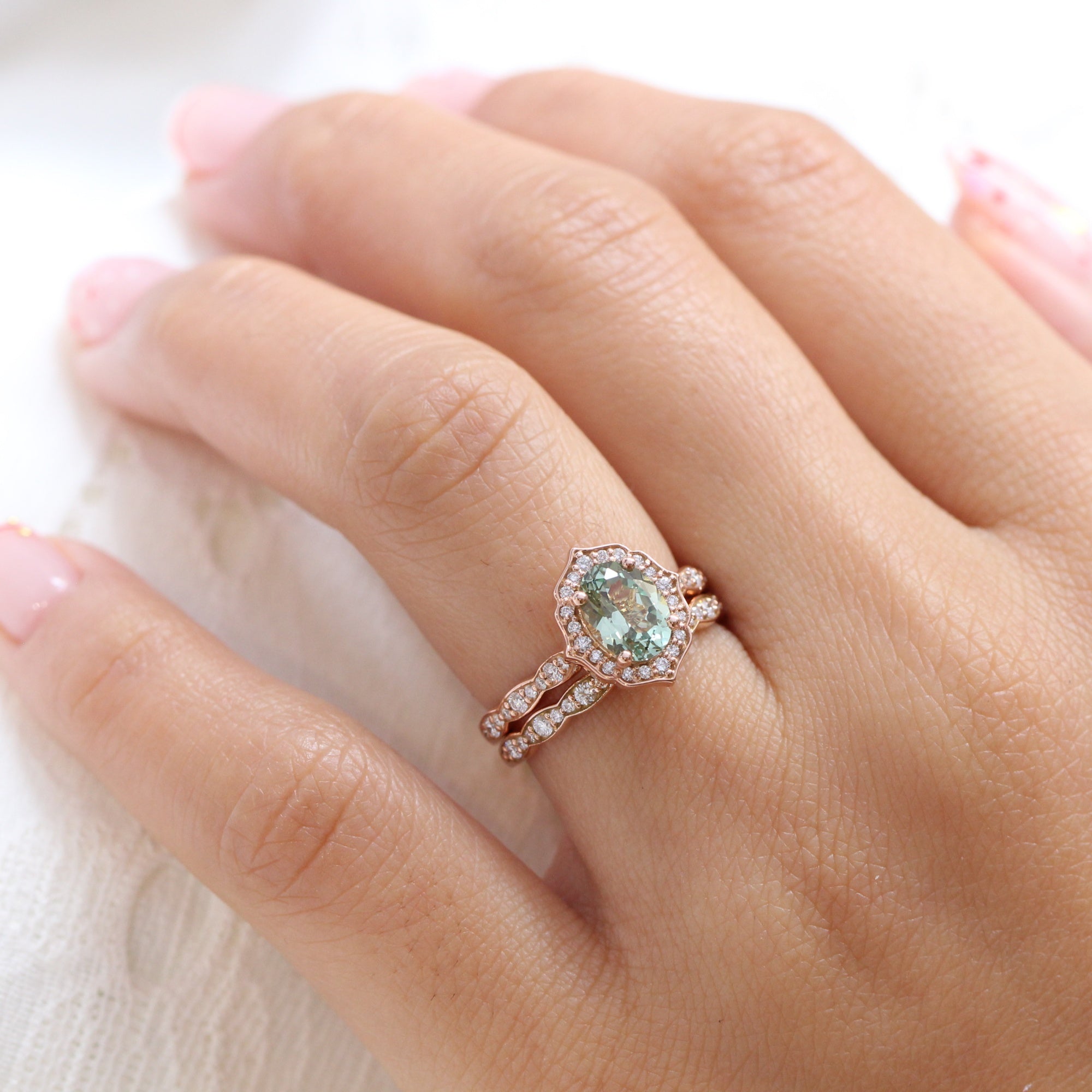 Vintage Floral Oval Ring Bridal Set w/ Sea Foam Green Sapphire and Diamond