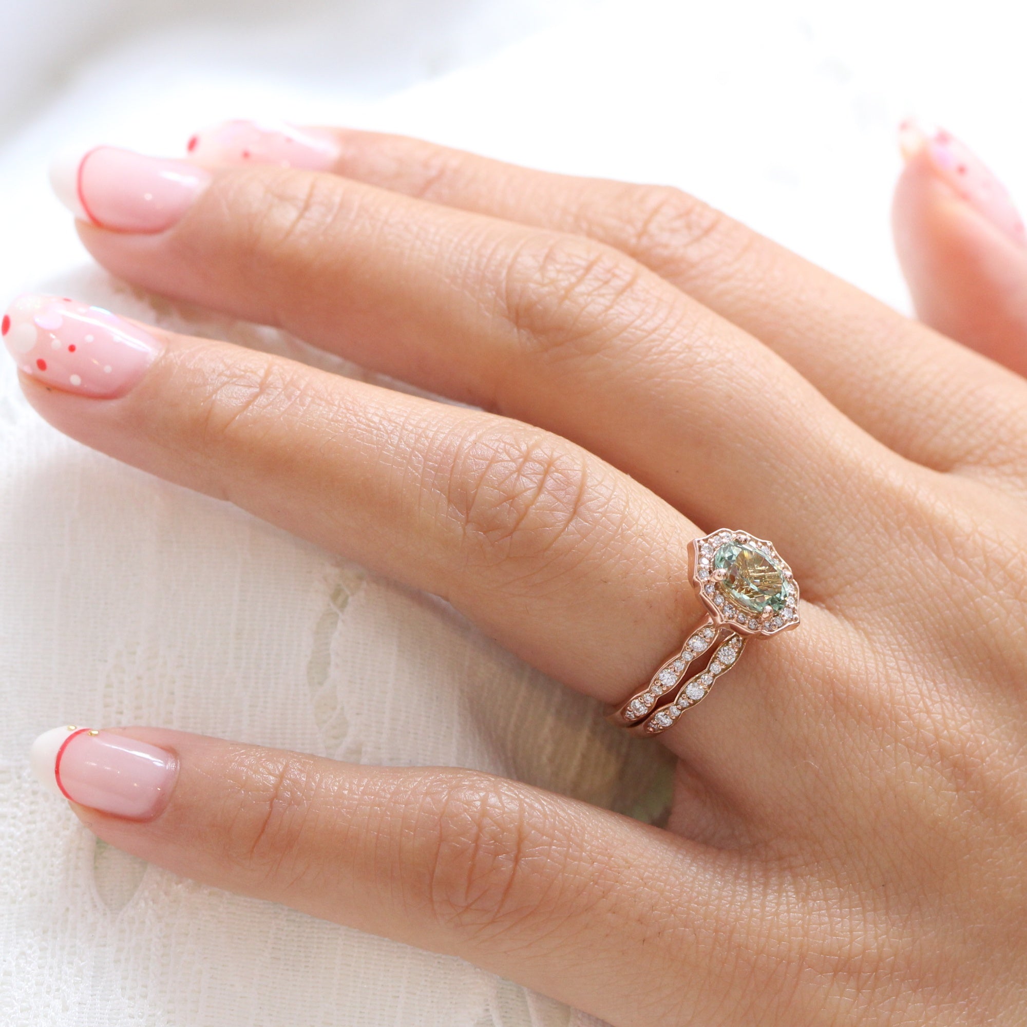 Oval green sapphire ring rose gold matching diamond wedding band la more design jewelry