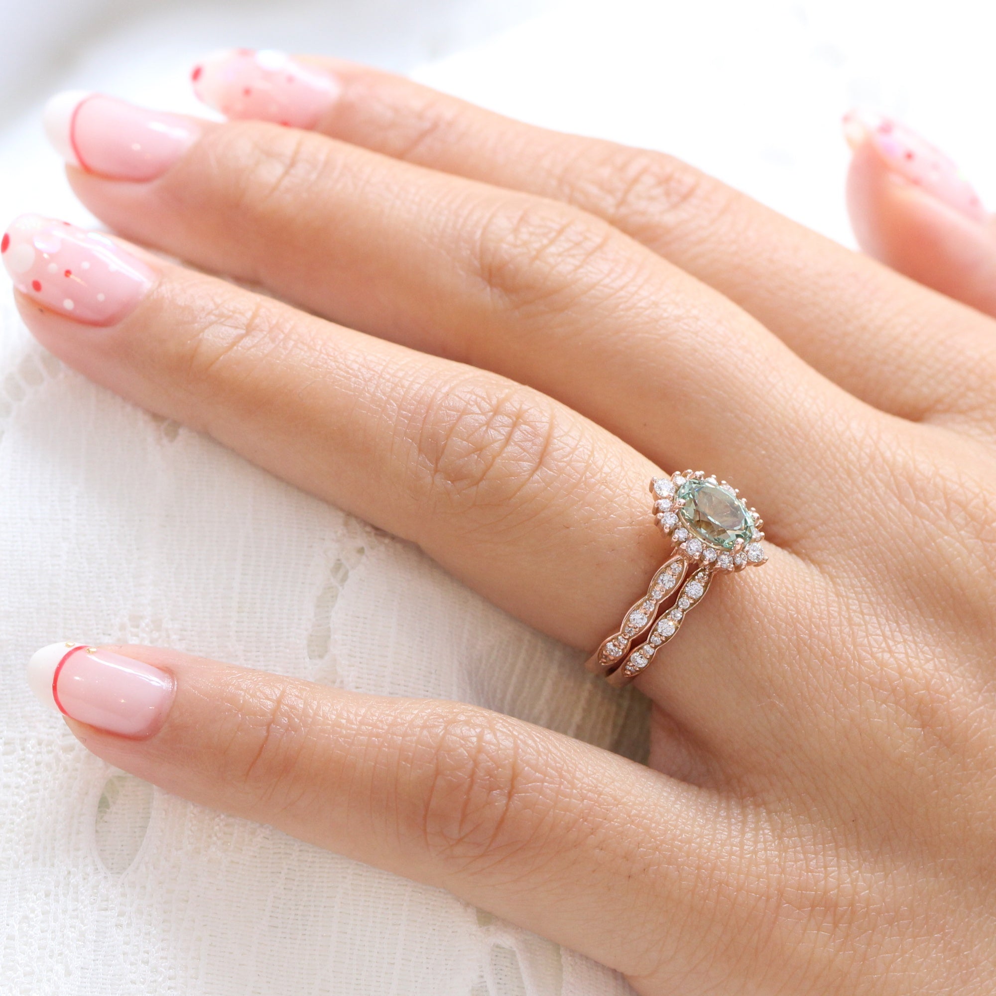 Oval green sapphire ring rose gold matching diamond wedding band la more design jewelry