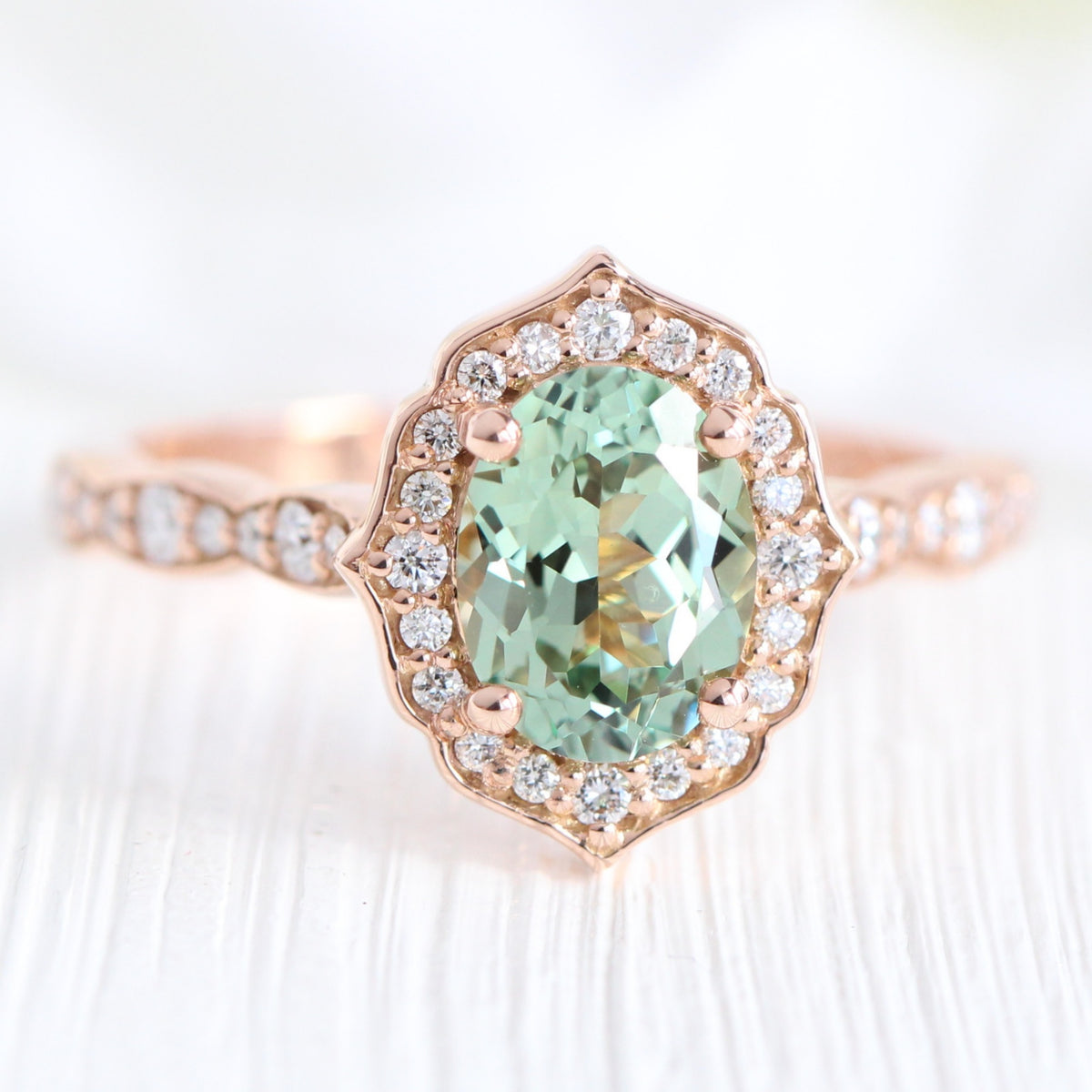Oval green sapphire ring rose gold vintage halo diamond ring la more design jewelry