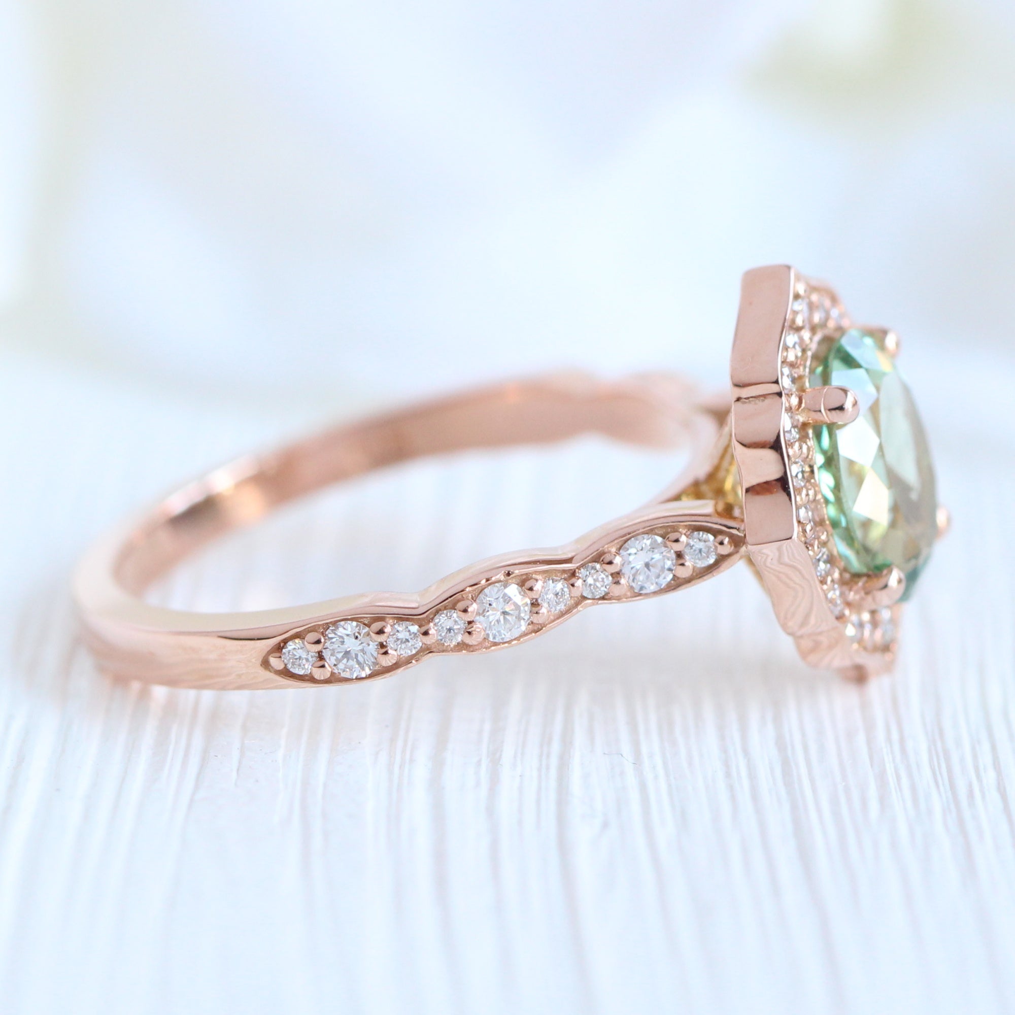Oval green sapphire ring rose gold vintage halo diamond ring la more design jewelry