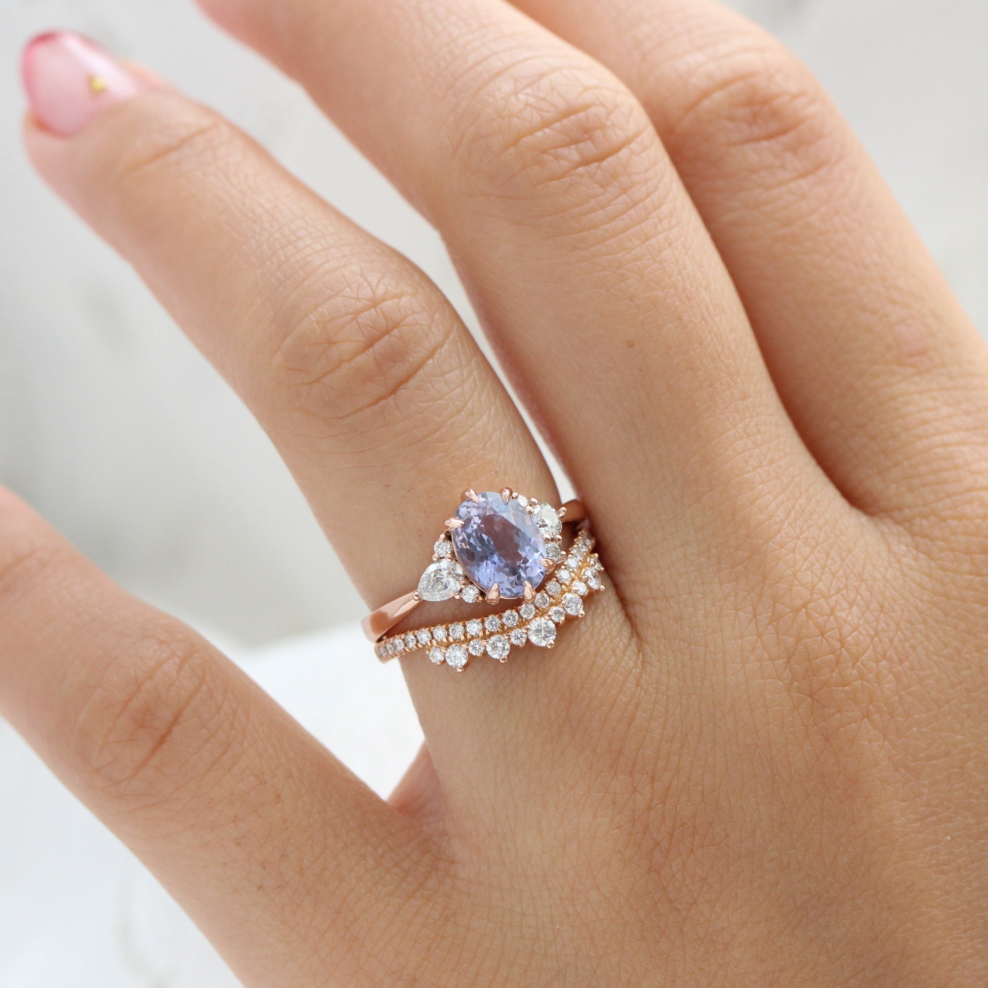 Oval lavender purple sapphire diamond ring rose gold cluster ring la more design jewelry