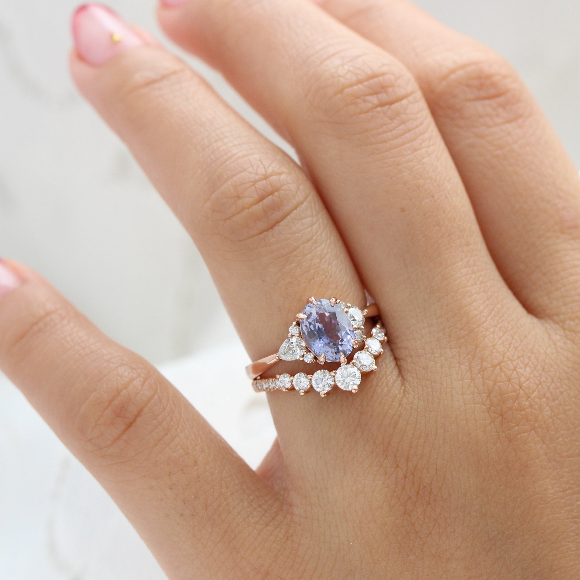 Oval lavender purple sapphire diamond ring rose gold cluster ring la more design jewelry