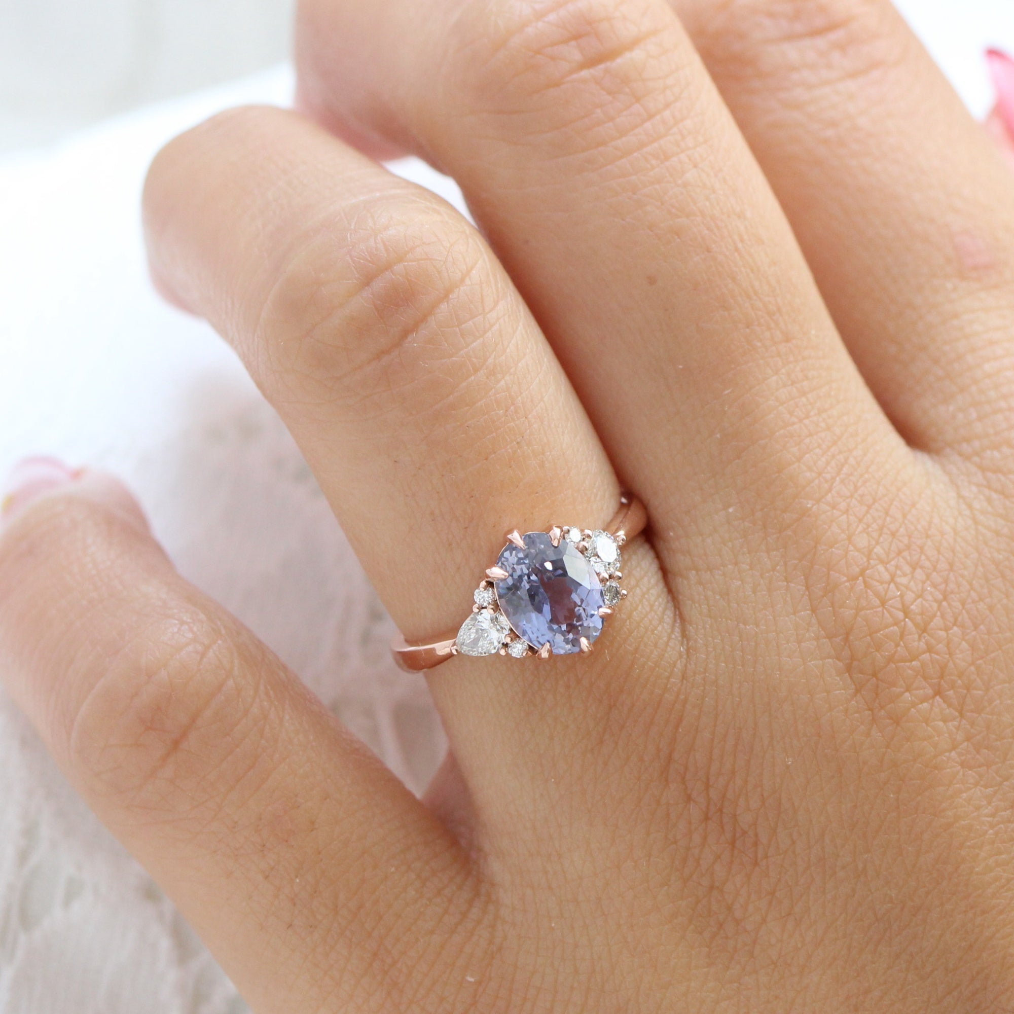 Oval lavender purple sapphire diamond ring rose gold cluster ring la more design jewelry